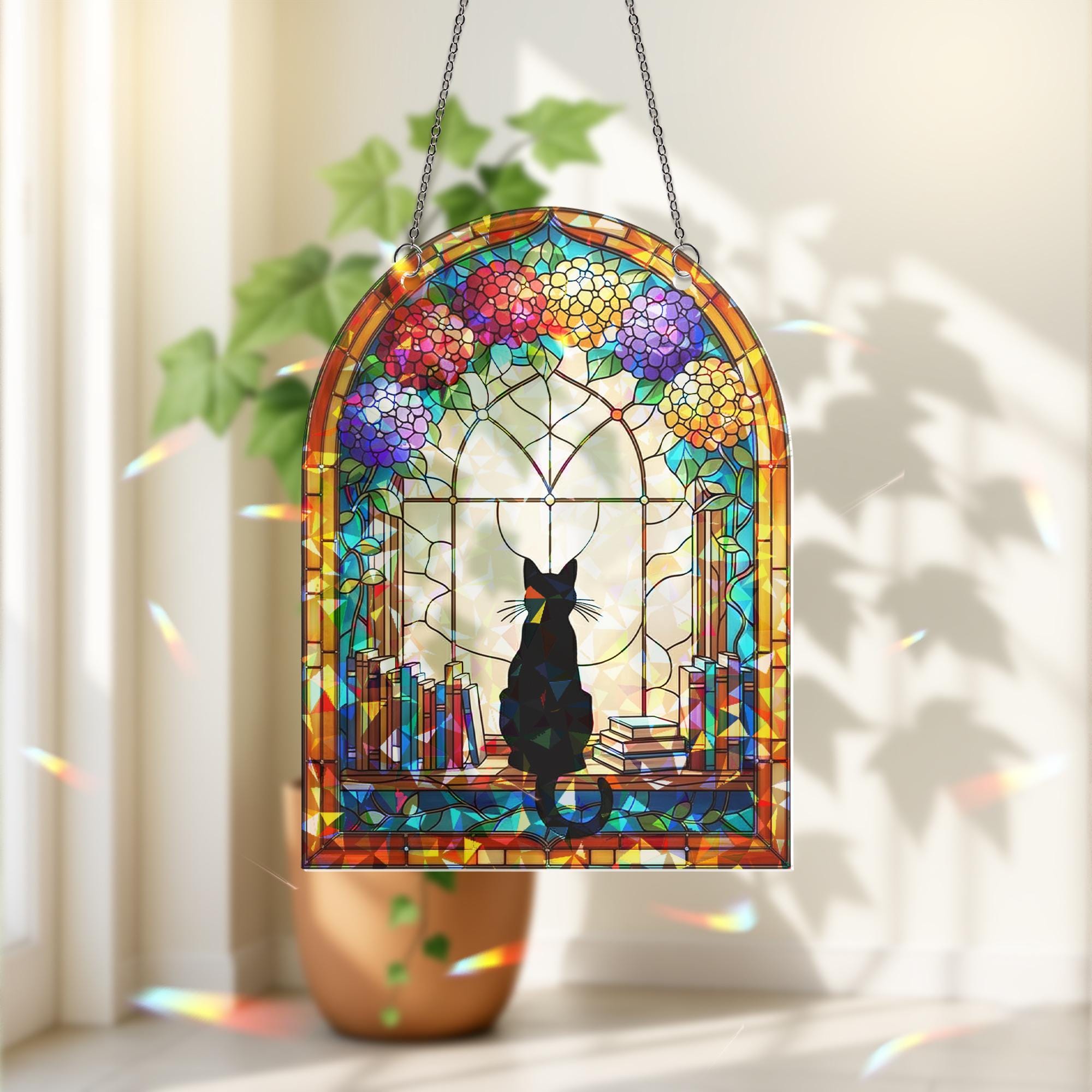 Black Cat in Library Window Hologram Acrylic Hanging – Book Lover Cat Decor, Floral Arched Window Hanging Gift, Black Cat Decor, Cat Lover