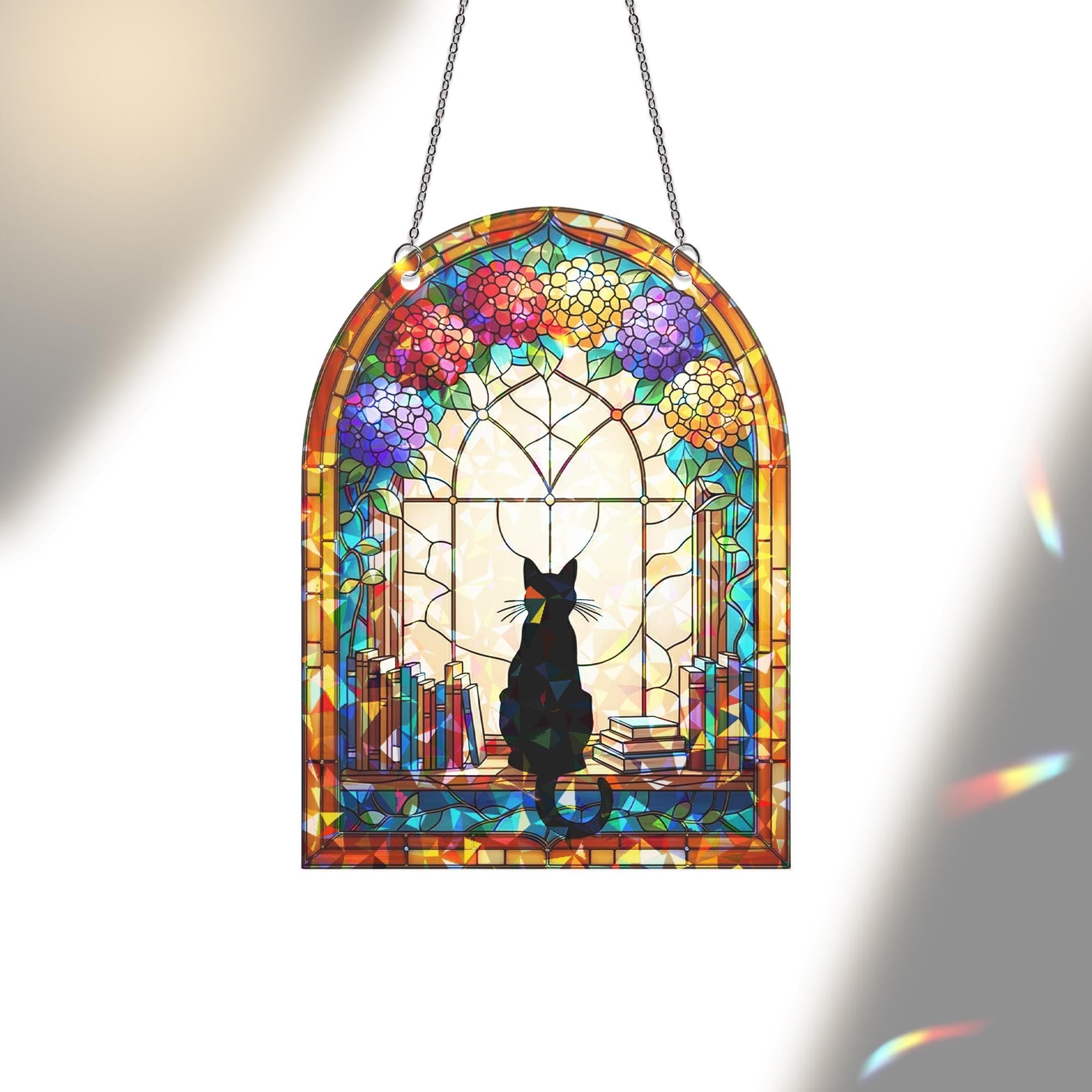 Black Cat in Library Window Hologram Acrylic Hanging – Book Lover Cat Decor, Floral Arched Window Hanging Gift, Black Cat Decor, Cat Lover