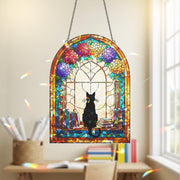 Black Cat in Library Window Hologram Acrylic Hanging – Book Lover Cat Decor, Floral Arched Window Hanging Gift, Black Cat Decor, Cat Lover