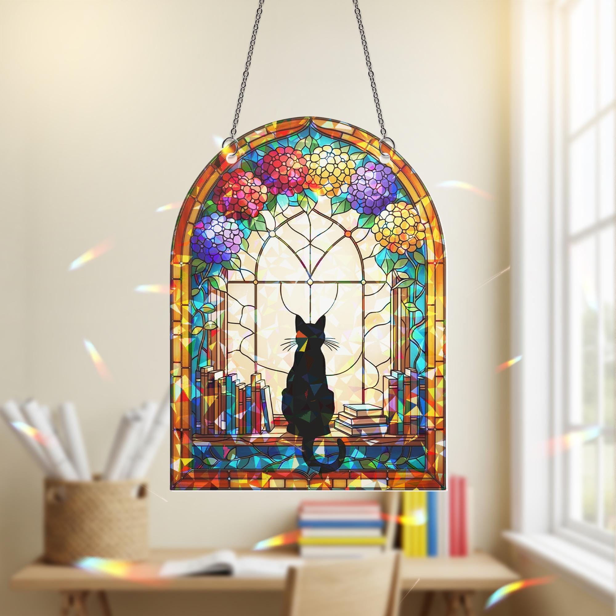 Black Cat in Library Window Hologram Acrylic Hanging – Book Lover Cat Decor, Floral Arched Window Hanging Gift, Black Cat Decor, Cat Lover