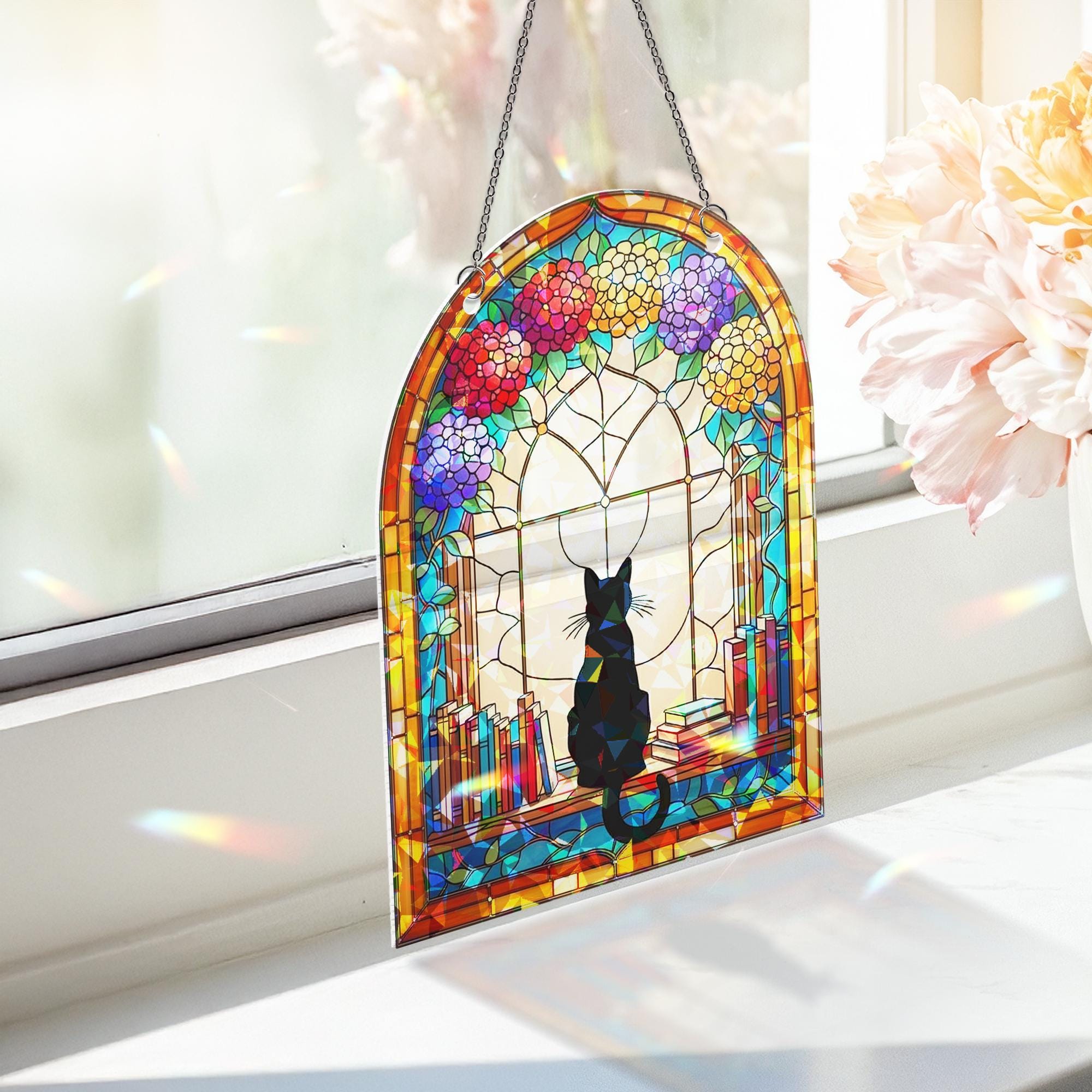 Black Cat in Library Window Hologram Acrylic Hanging – Book Lover Cat Decor, Floral Arched Window Hanging Gift, Black Cat Decor, Cat Lover