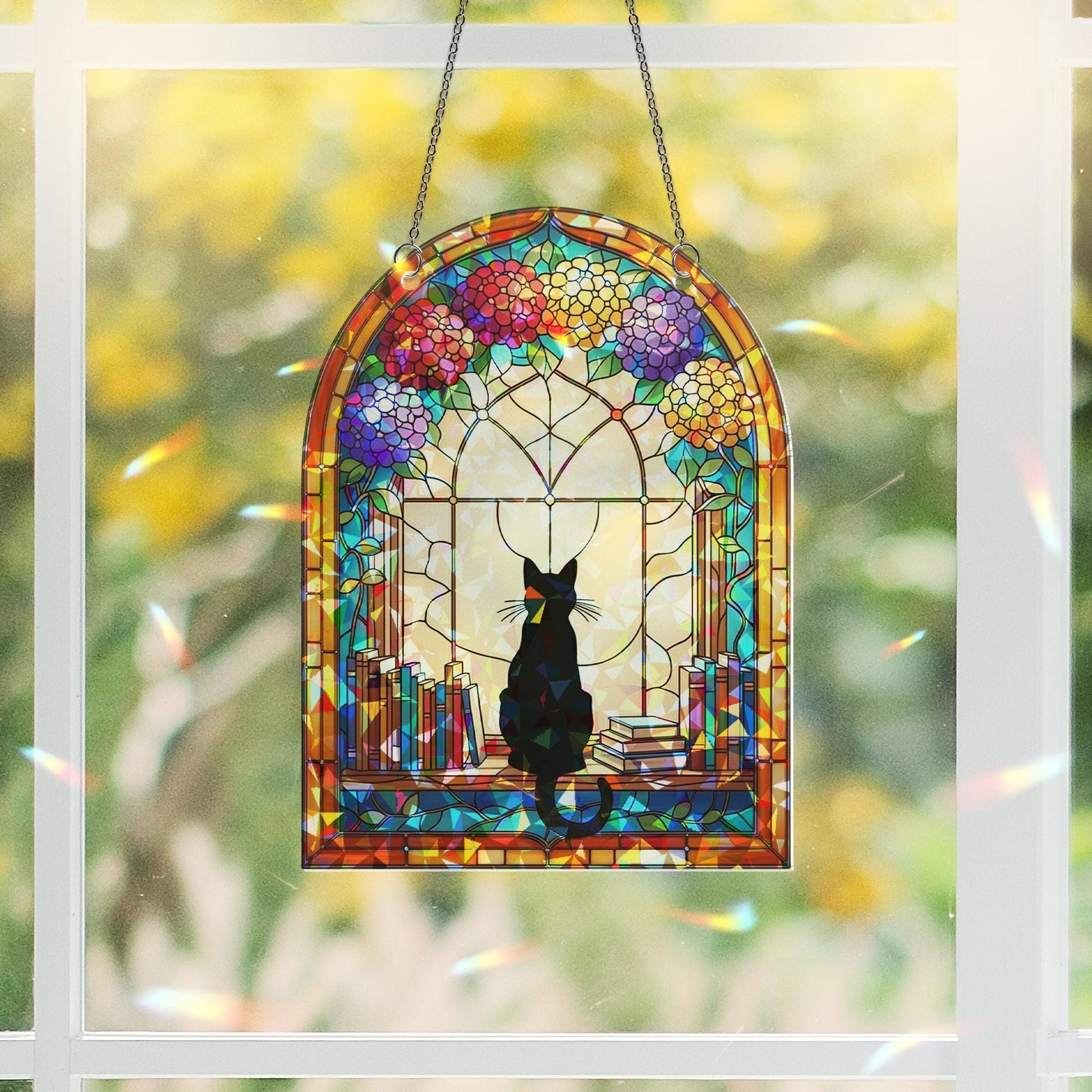 Black Cat in Library Window Hologram Acrylic Hanging – Book Lover Cat Decor, Floral Arched Window Hanging Gift, Black Cat Decor, Cat Lover