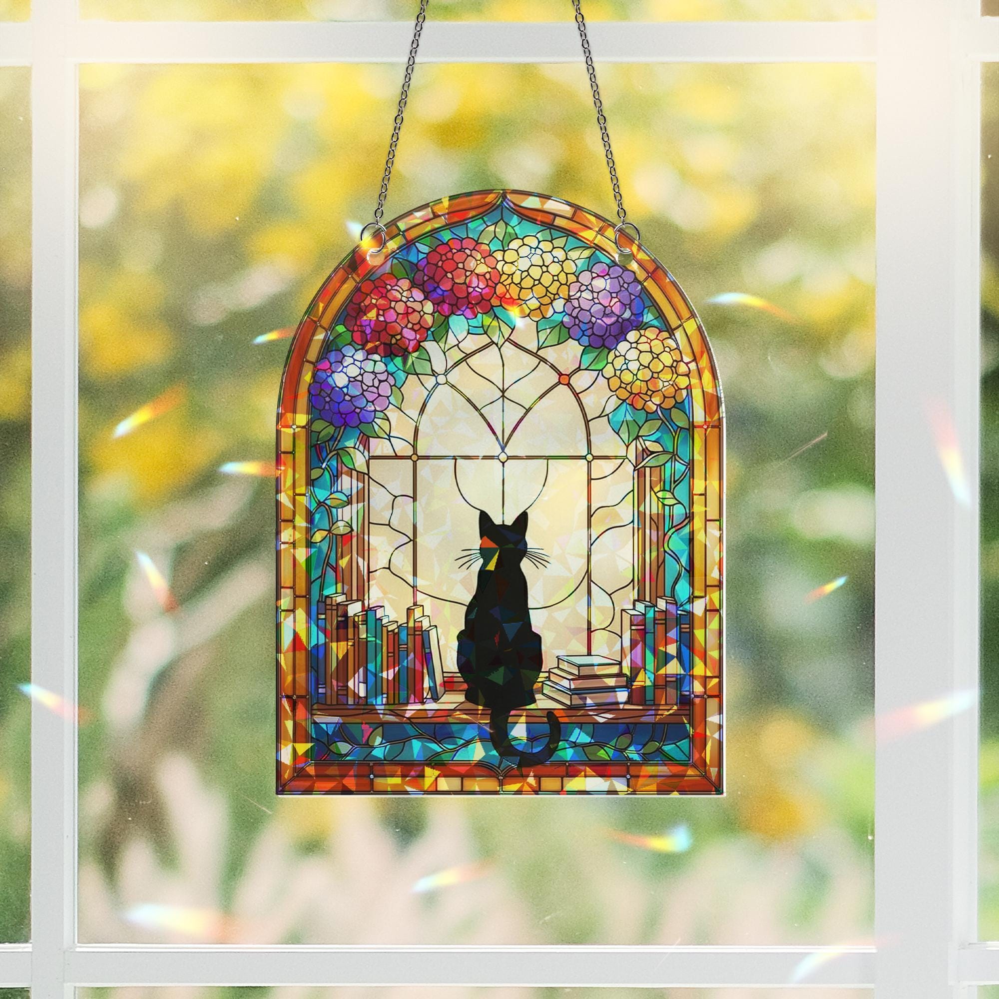 Black Cat in Library Window Hologram Acrylic Hanging – Book Lover Cat Decor, Floral Arched Window Hanging Gift, Black Cat Decor, Cat Lover