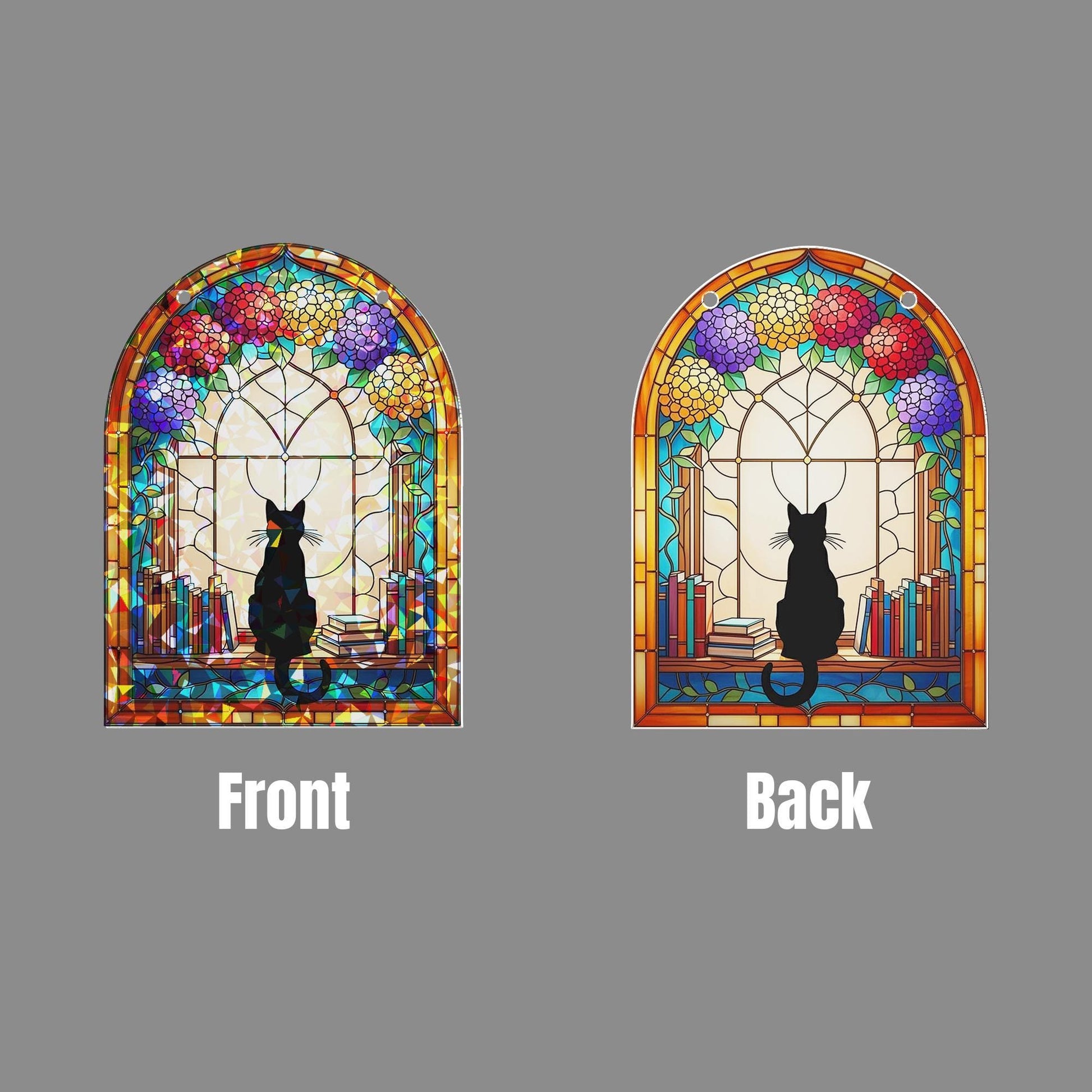 Black Cat in Library Window Hologram Acrylic Hanging – Book Lover Cat Decor, Floral Arched Window Hanging Gift, Black Cat Decor, Cat Lover