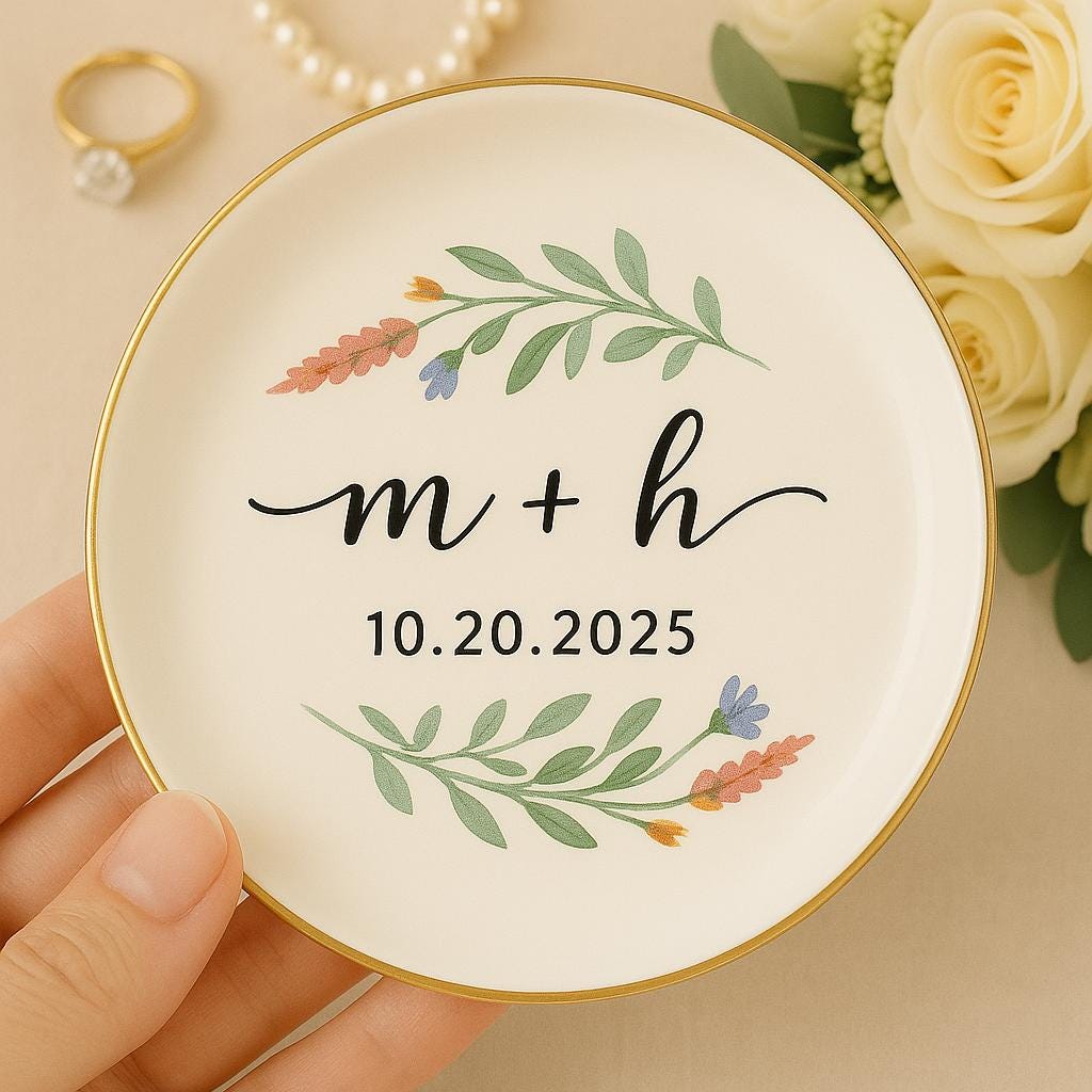 Custom Wedding Ring Dish with Initials & Date, Personalized Floral Jewelry Tray, Ceramic Engagement Gift, Couple Keepsake