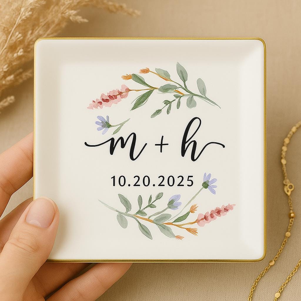 Custom Wedding Ring Dish with Initials & Date, Personalized Floral Jewelry Tray, Ceramic Engagement Gift, Couple Keepsake