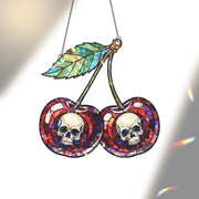 Skull Cherry Suncatcher - Holographic Gothic Fruit Window Hanging, Stained Glass Style Alt Decor, Edgy Halloween Home Gift