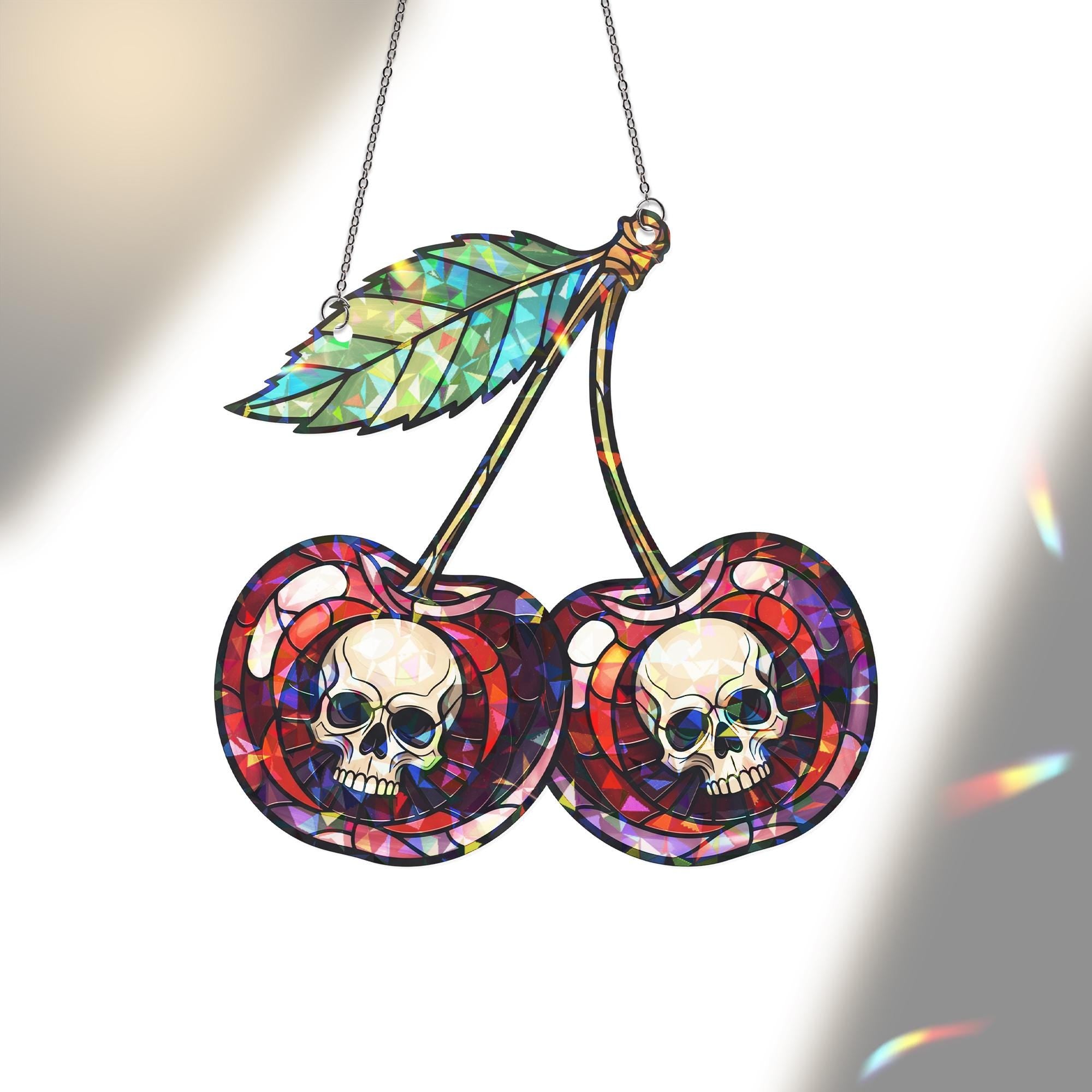 Skull Cherry Suncatcher - Holographic Gothic Fruit Window Hanging, Stained Glass Style Alt Decor, Edgy Halloween Home Gift