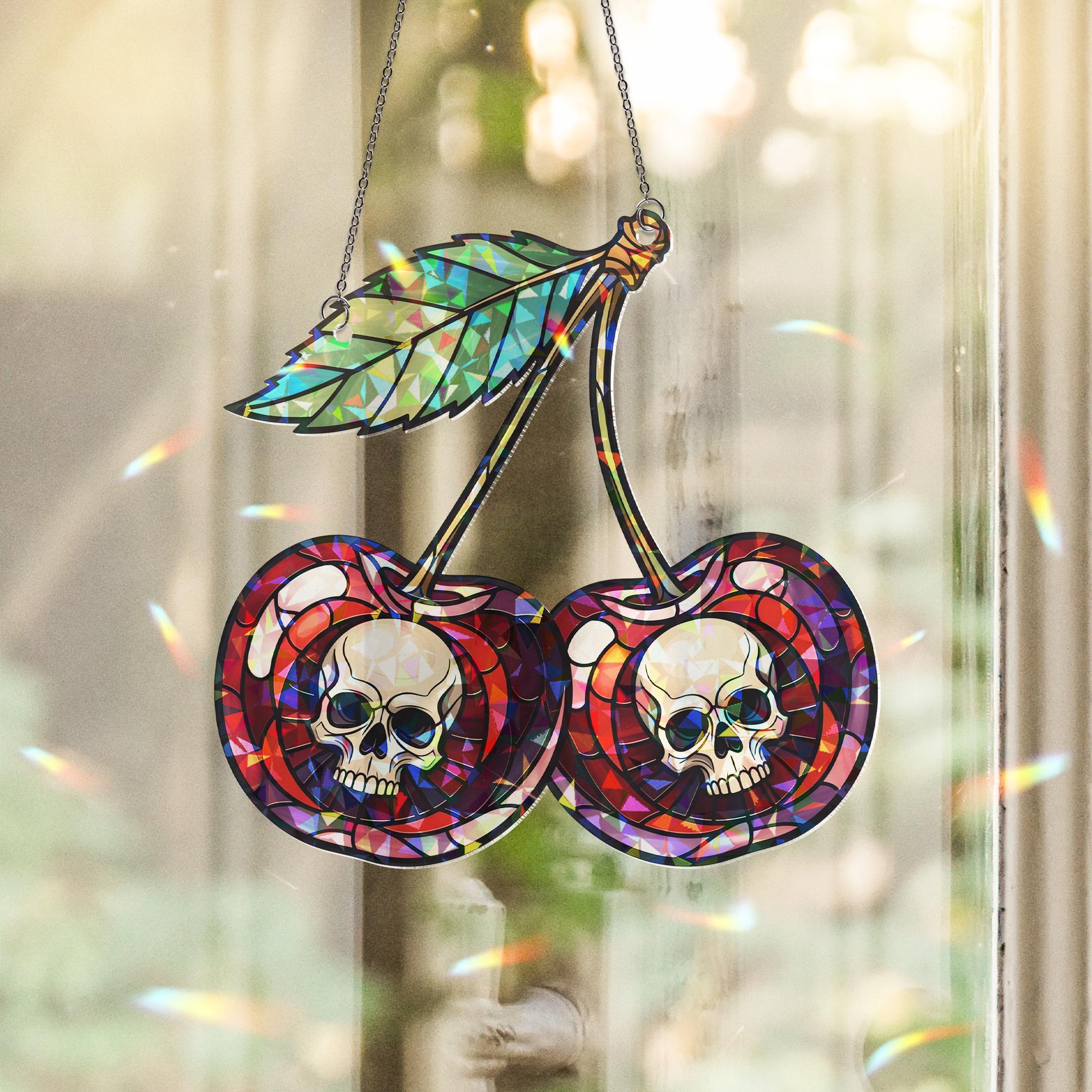 Skull Cherry Suncatcher - Holographic Gothic Fruit Window Hanging, Stained Glass Style Alt Decor, Edgy Halloween Home Gift