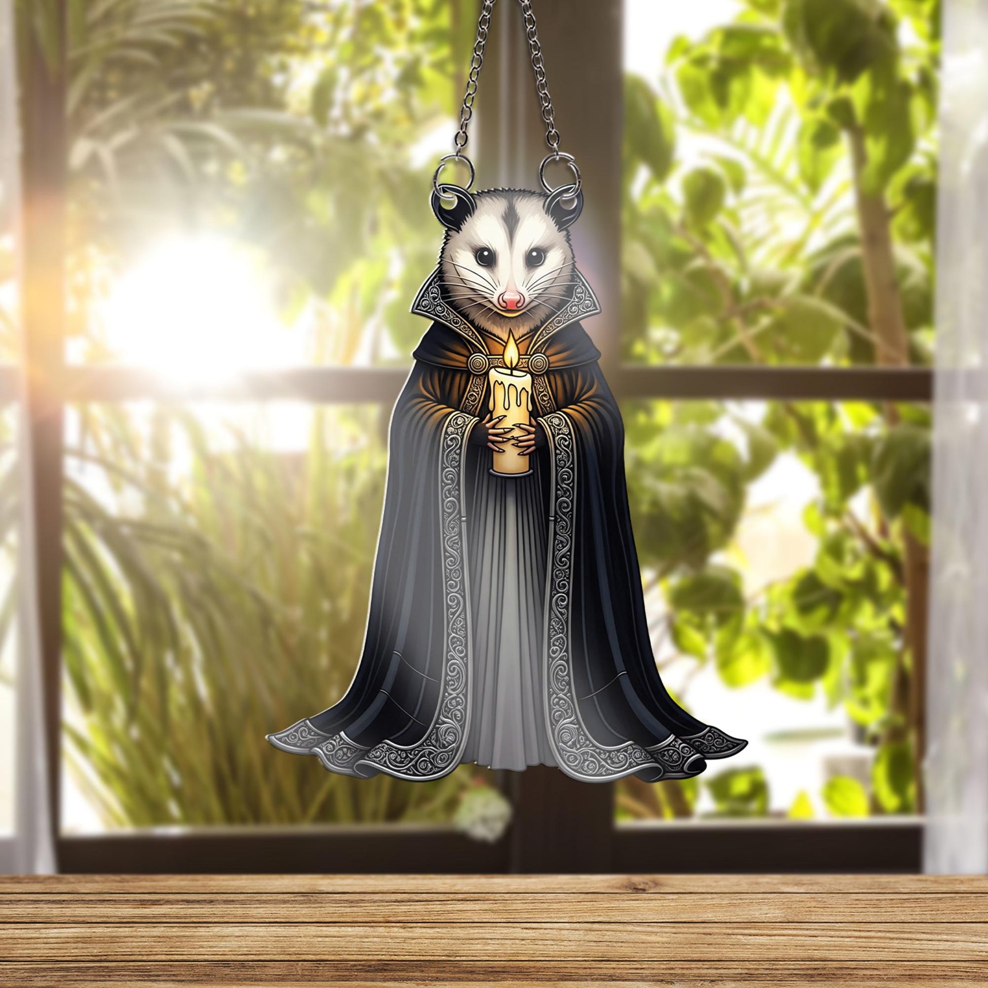 Gothic Possum Suncatcher - Candle Holding Opossum Window Hanging, Dark Academia Rodent Decor, Witchy Cottagecore Animal Gift