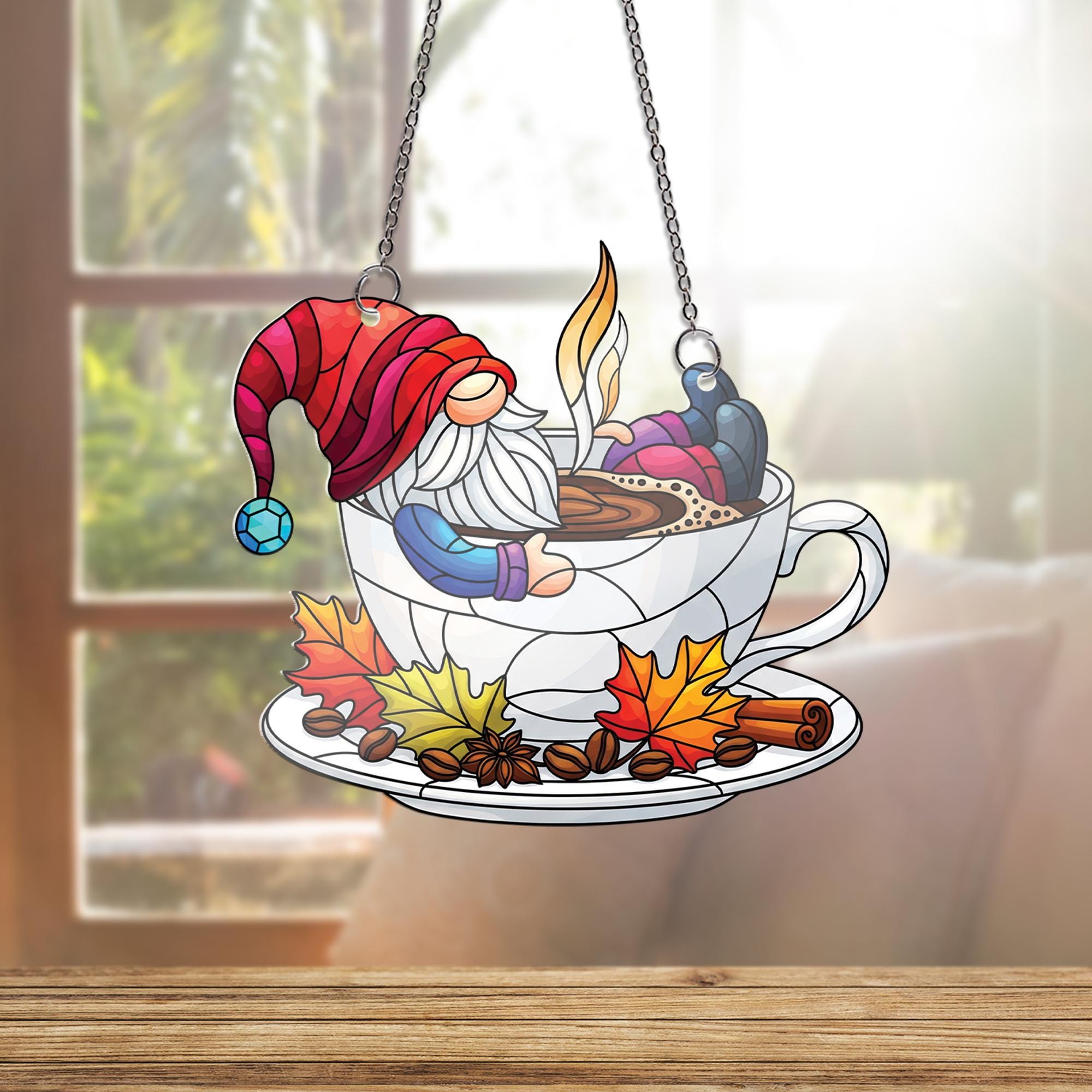 Autumn Gnome Coffee Suncatcher - Cozy Fall Gnome in Teacup Window Hanging, Stained Glass Style Kitchen Decor, Pumpkin Spice Gift