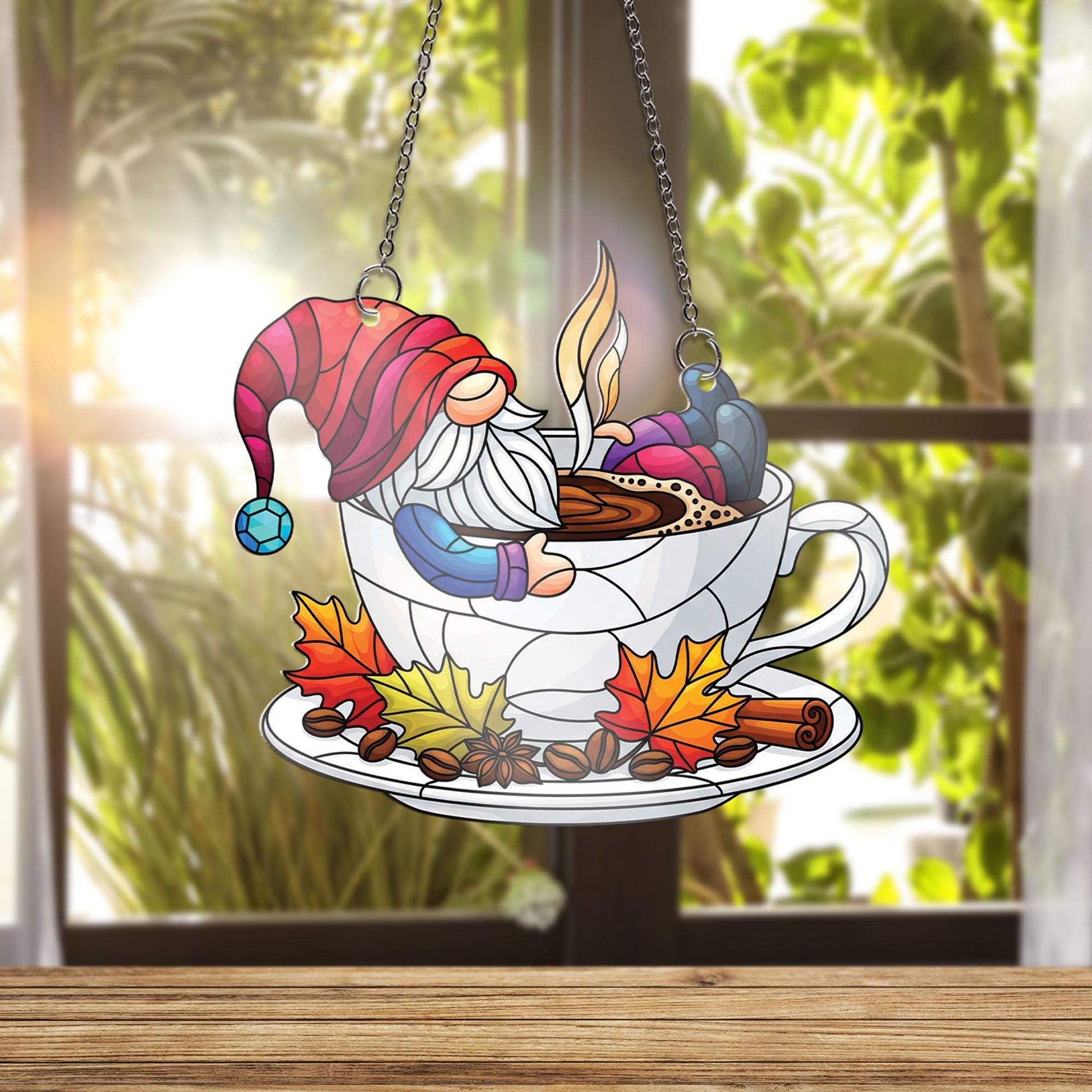 Autumn Gnome Coffee Suncatcher - Cozy Fall Gnome in Teacup Window Hanging, Stained Glass Style Kitchen Decor, Pumpkin Spice Gift
