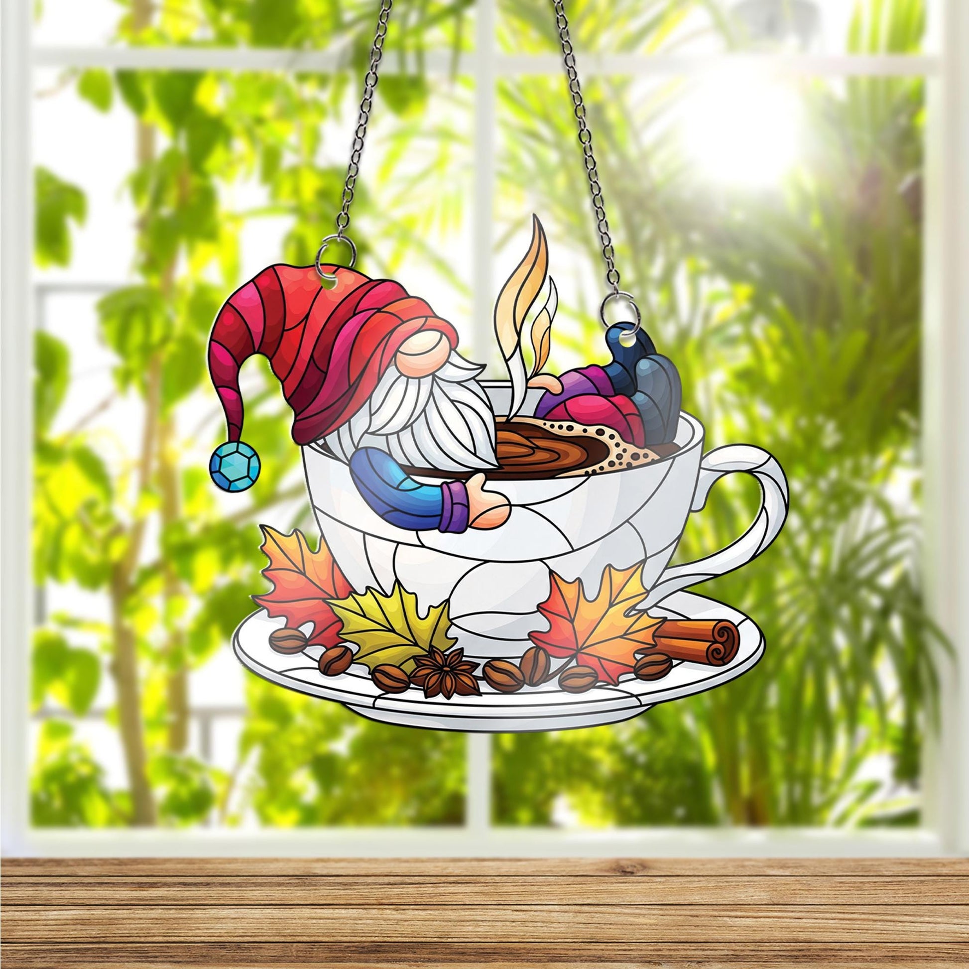Autumn Gnome Coffee Suncatcher - Cozy Fall Gnome in Teacup Window Hanging, Stained Glass Style Kitchen Decor, Pumpkin Spice Gift
