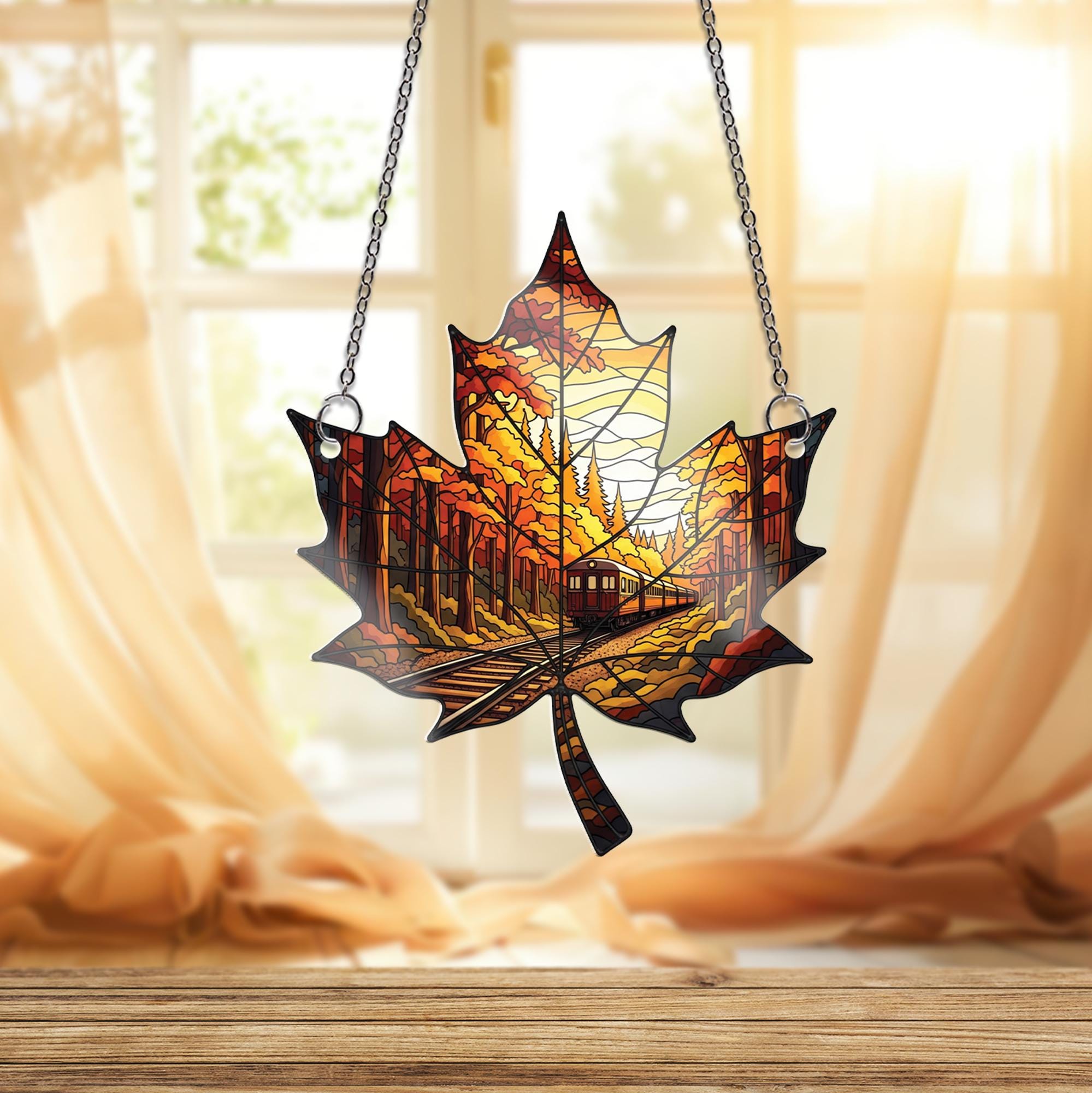 Autumn Train Maple Leaf Suncatcher - Fall Forest Window Hanging Decor, Stained Glass Style Railway Gift for Nature and Travel Lovers