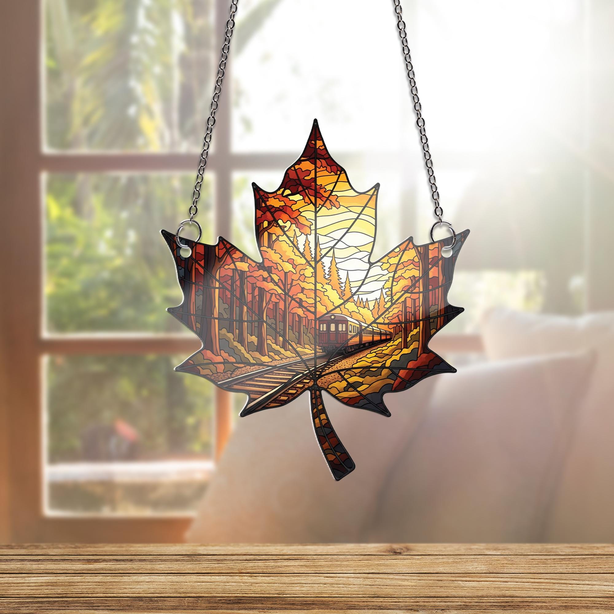 Autumn Train Maple Leaf Suncatcher - Fall Forest Window Hanging Decor, Stained Glass Style Railway Gift for Nature and Travel Lovers