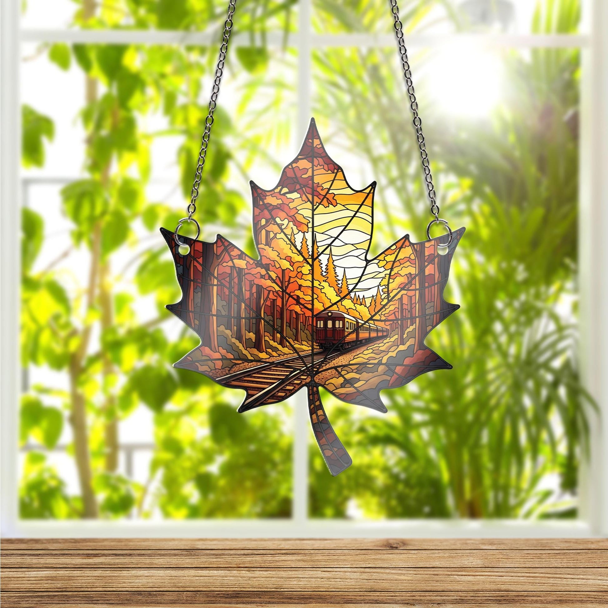 Autumn Train Maple Leaf Suncatcher - Fall Forest Window Hanging Decor, Stained Glass Style Railway Gift for Nature and Travel Lovers
