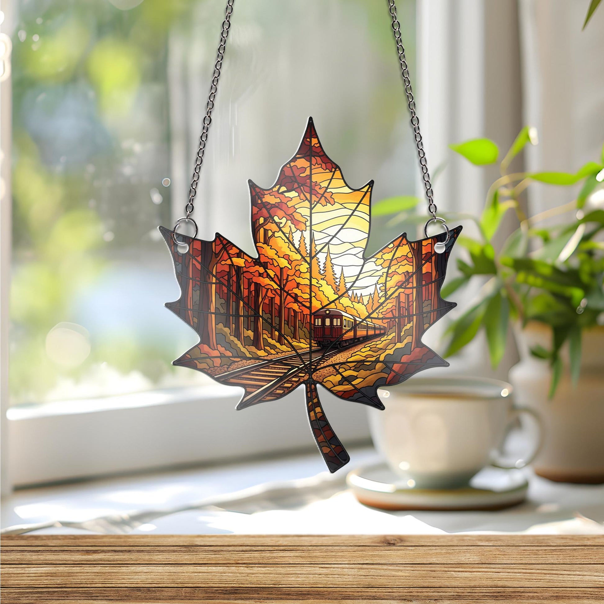 Autumn Train Maple Leaf Suncatcher - Fall Forest Window Hanging Decor, Stained Glass Style Railway Gift for Nature and Travel Lovers