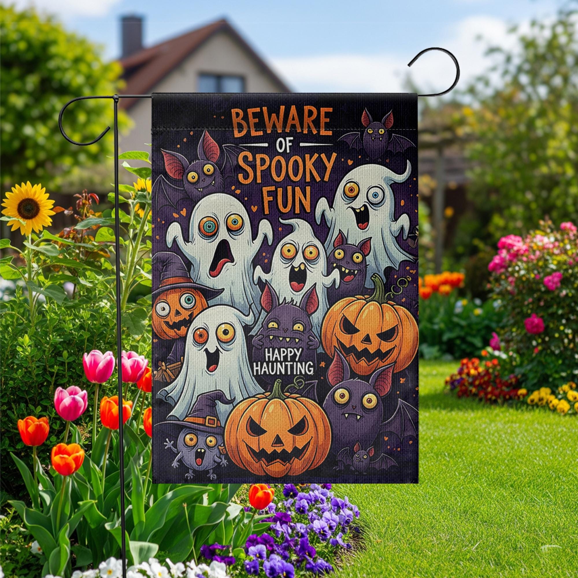Cute Halloween Garden Flag - Beware of Spooky Fun Ghost and Pumpkin Yard Sign, Happy Haunting Outdoor Decor for Fall or Trick or Treat