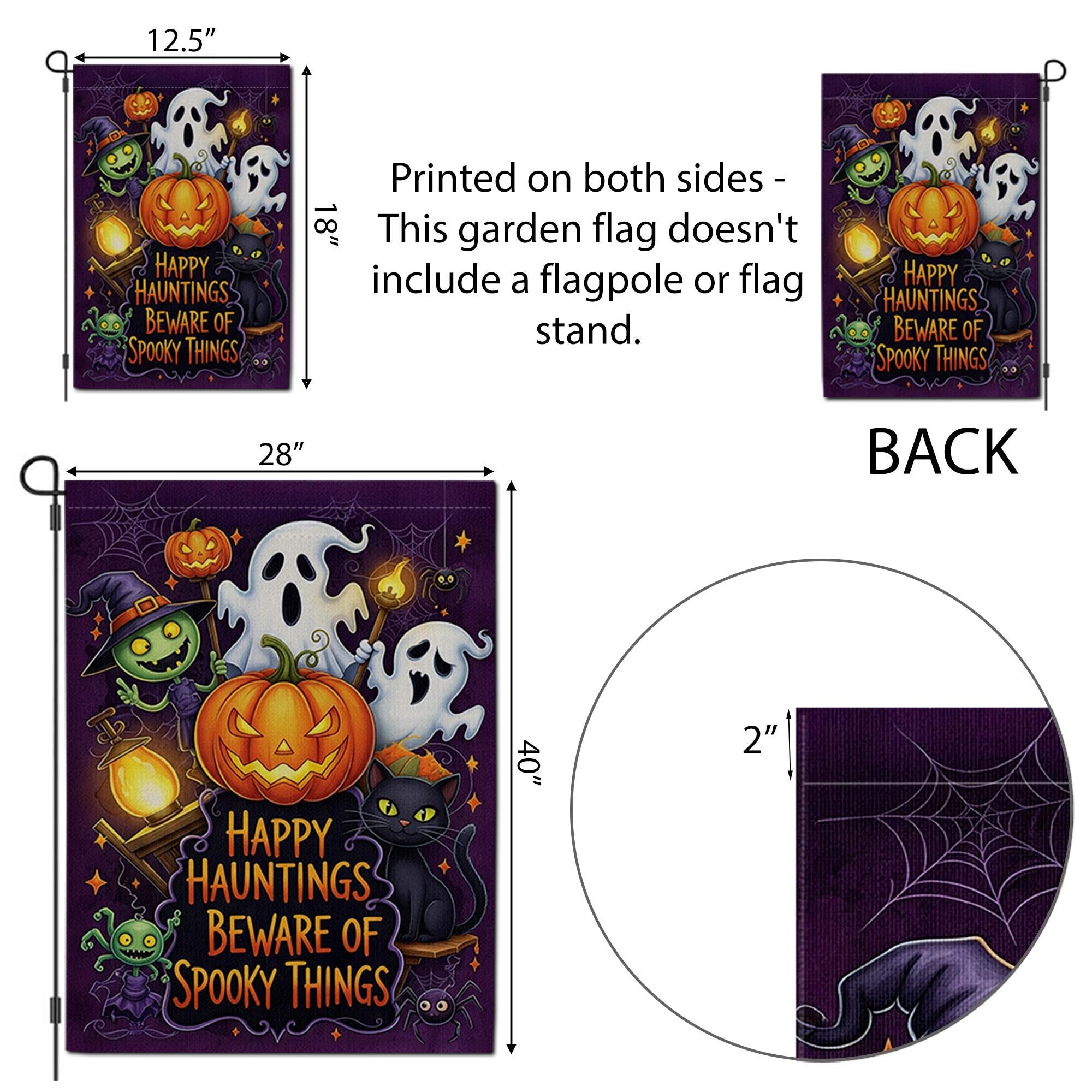 Happy Hauntings Garden Flag - Beware of Spooky Things Halloween Yard Sign, Ghost Cat Pumpkin Outdoor Decor for Trick or Treat Fun