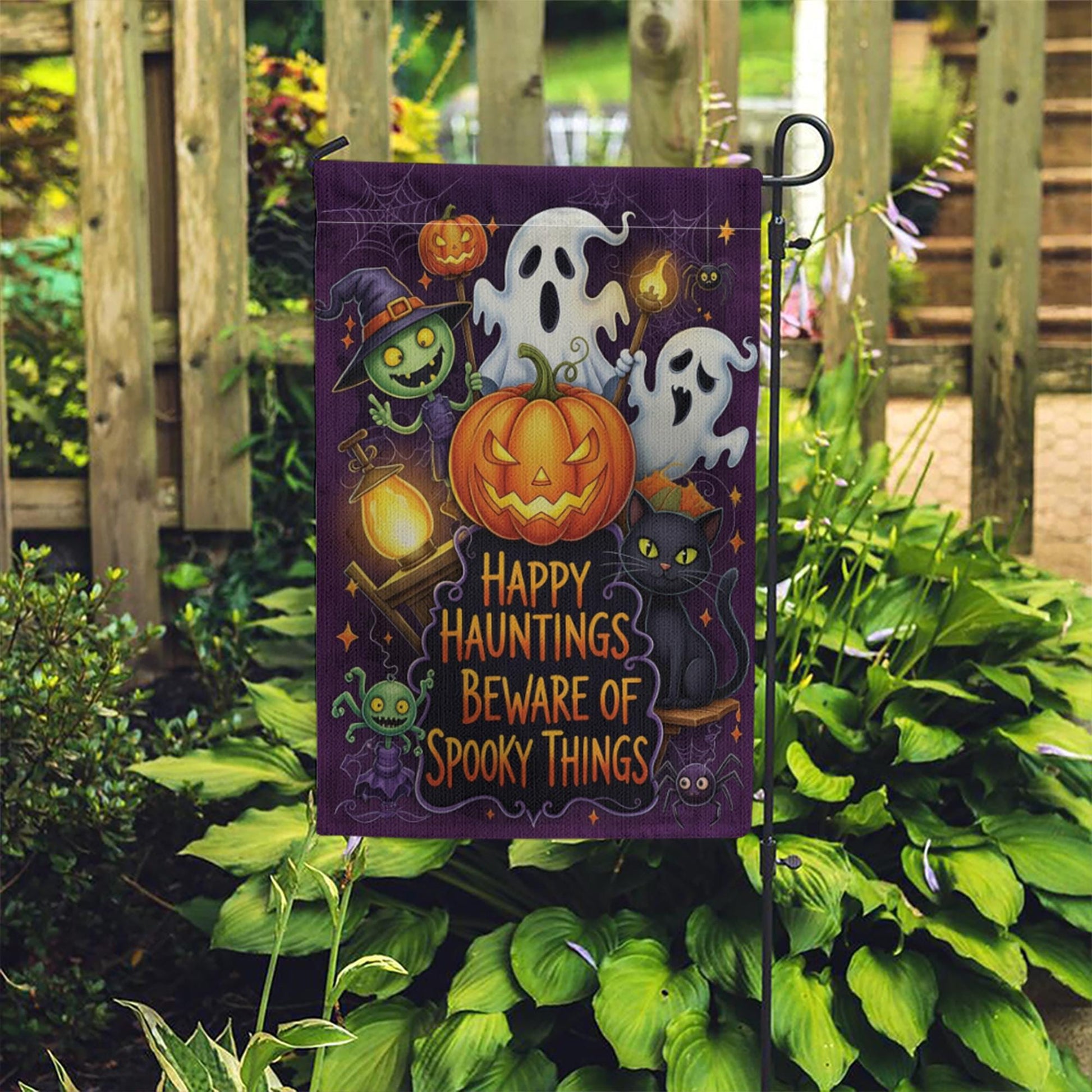 Happy Hauntings Garden Flag - Beware of Spooky Things Halloween Yard Sign, Ghost Cat Pumpkin Outdoor Decor for Trick or Treat Fun