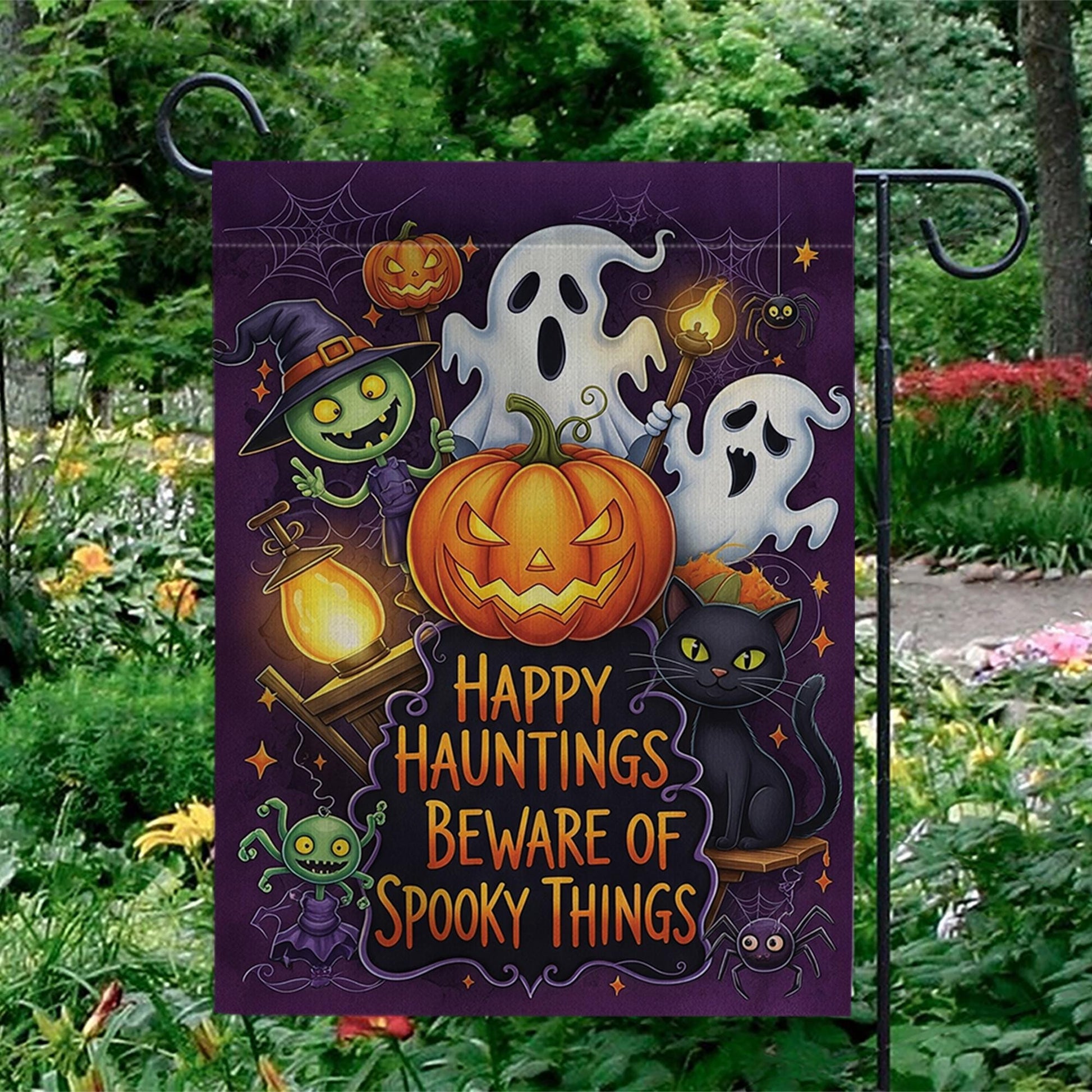 Happy Hauntings Garden Flag - Beware of Spooky Things Halloween Yard Sign, Ghost Cat Pumpkin Outdoor Decor for Trick or Treat Fun