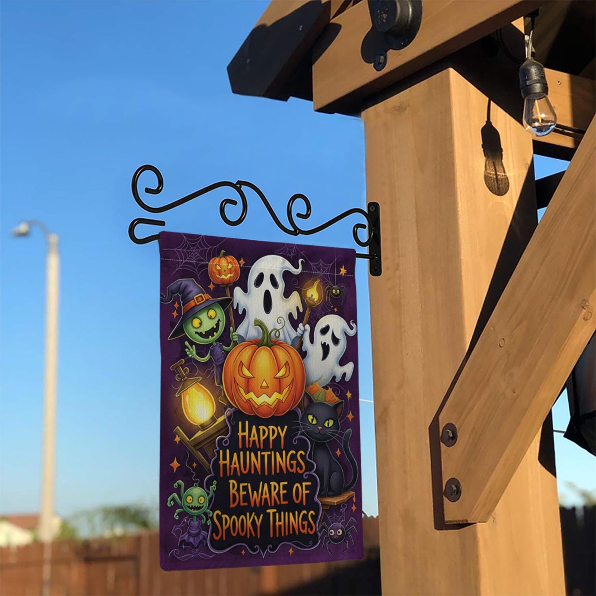 Happy Hauntings Garden Flag - Beware of Spooky Things Halloween Yard Sign, Ghost Cat Pumpkin Outdoor Decor for Trick or Treat Fun