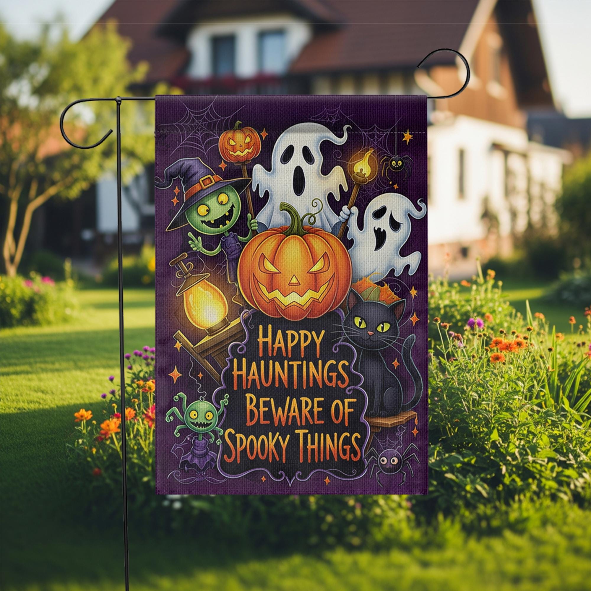 Happy Hauntings Garden Flag - Beware of Spooky Things Halloween Yard Sign, Ghost Cat Pumpkin Outdoor Decor for Trick or Treat Fun