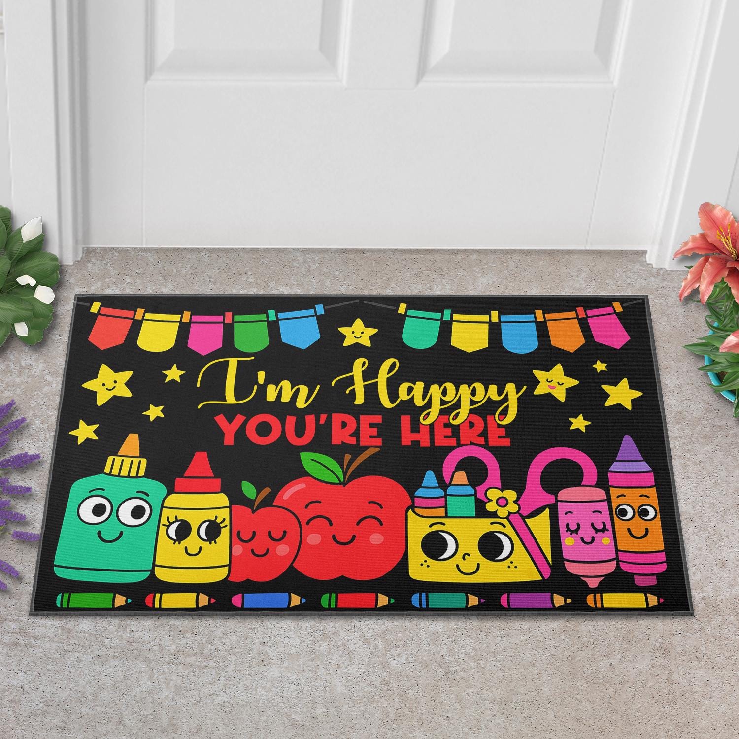 I'm Happy You're Here Classroom Rug – Cute Welcome Mat for Teachers, Back to School Decor, Colorful Door Mat for Teachers, Educators, Staffs