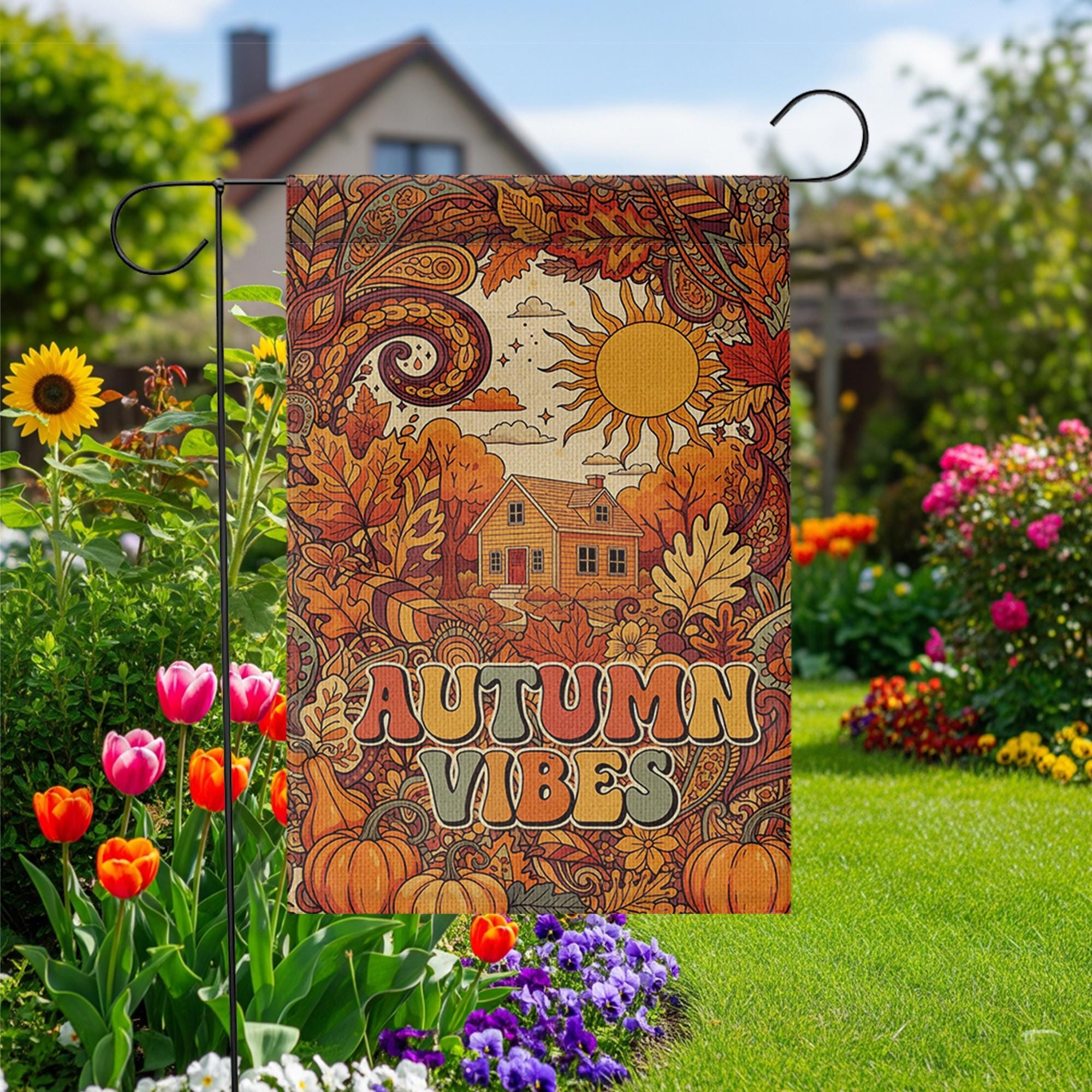 Retro Autumn Vibes Garden Flag - Fall Harvest Yard Sign with Sun, Leaves, and Pumpkins, Vintage Outdoor Decor for Cozy Seasonal Charm