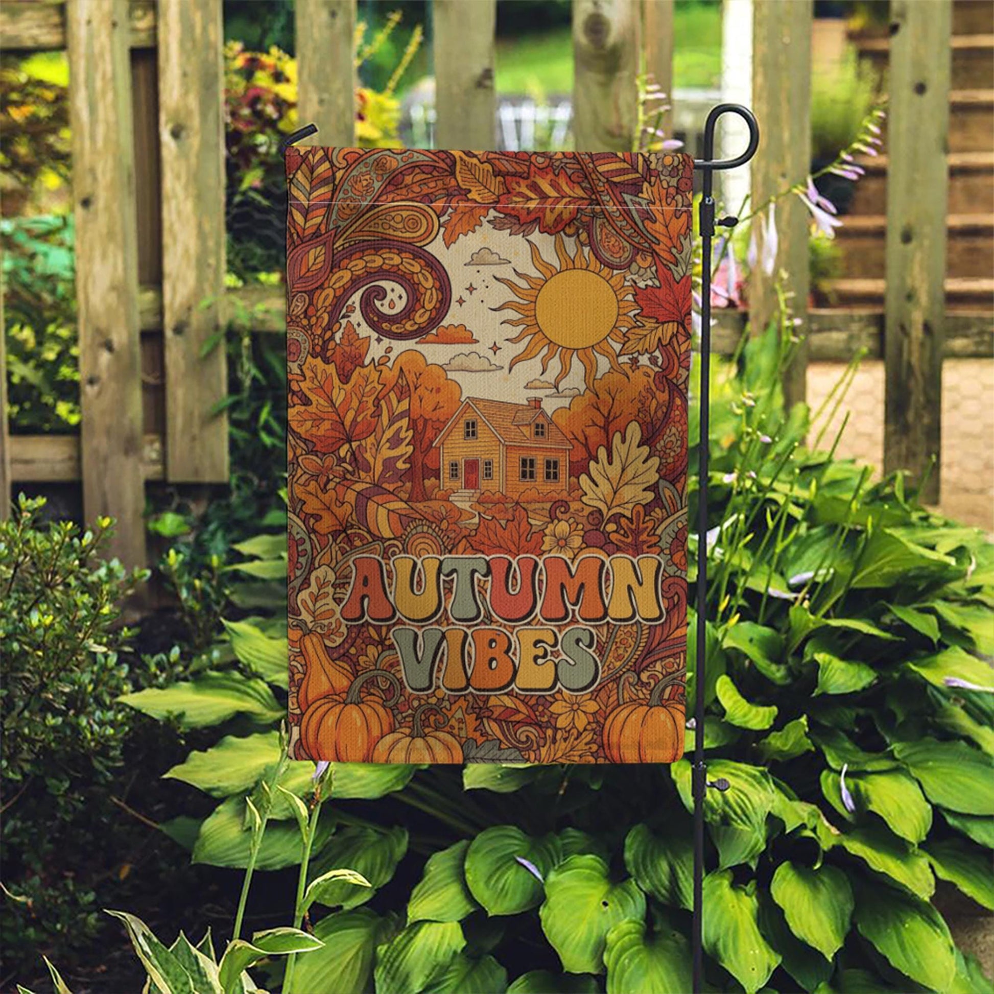 Retro Autumn Vibes Garden Flag - Fall Harvest Yard Sign with Sun, Leaves, and Pumpkins, Vintage Outdoor Decor for Cozy Seasonal Charm