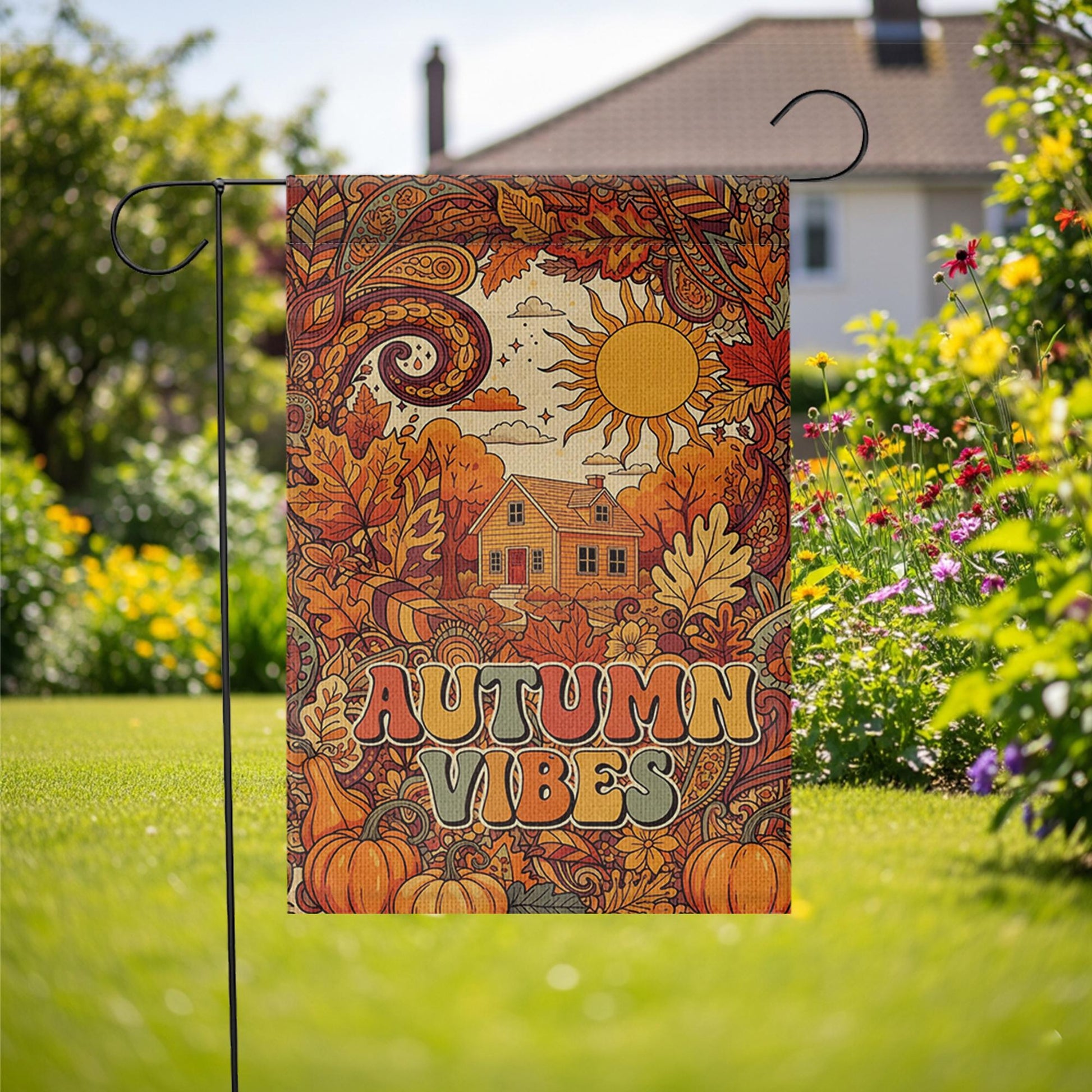 Retro Autumn Vibes Garden Flag - Fall Harvest Yard Sign with Sun, Leaves, and Pumpkins, Vintage Outdoor Decor for Cozy Seasonal Charm