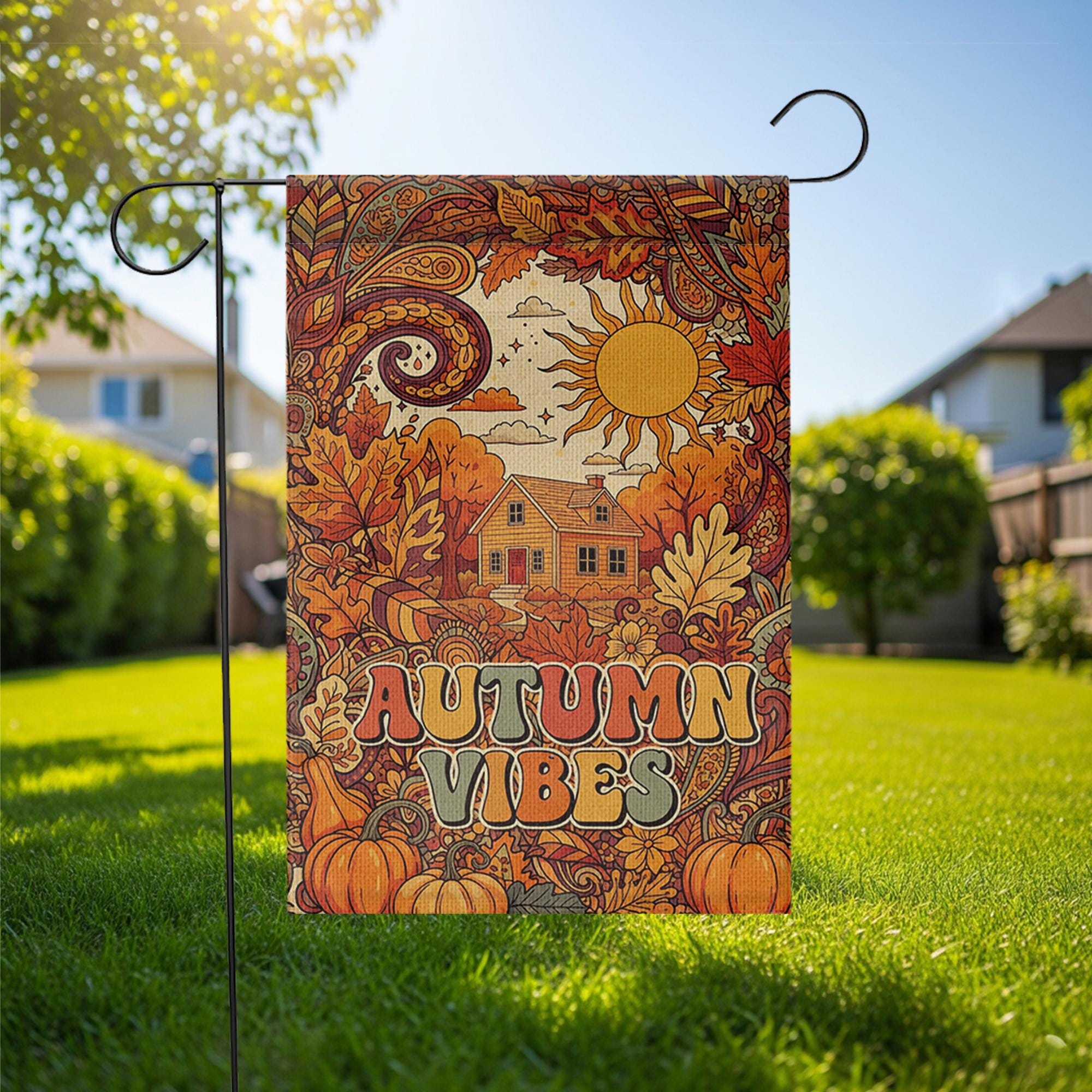 Retro Autumn Vibes Garden Flag - Fall Harvest Yard Sign with Sun, Leaves, and Pumpkins, Vintage Outdoor Decor for Cozy Seasonal Charm