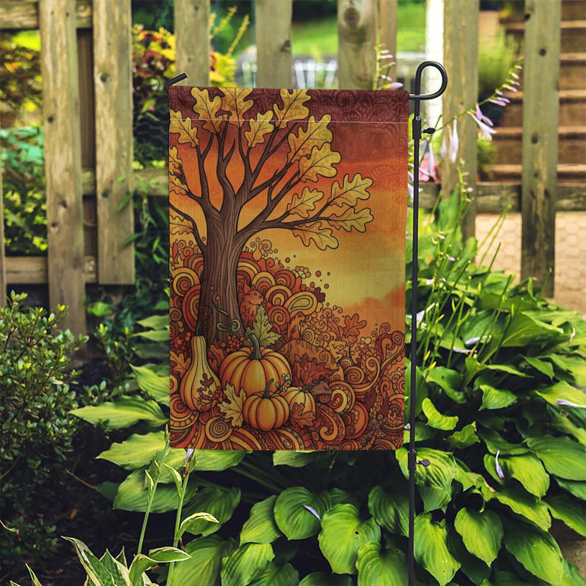 Fall Tree Garden Flag - Retro Autumn Pumpkins and Leaves Yard Decor, Thanksgiving Harvest Outdoor Flag for Seasonal Porch Display