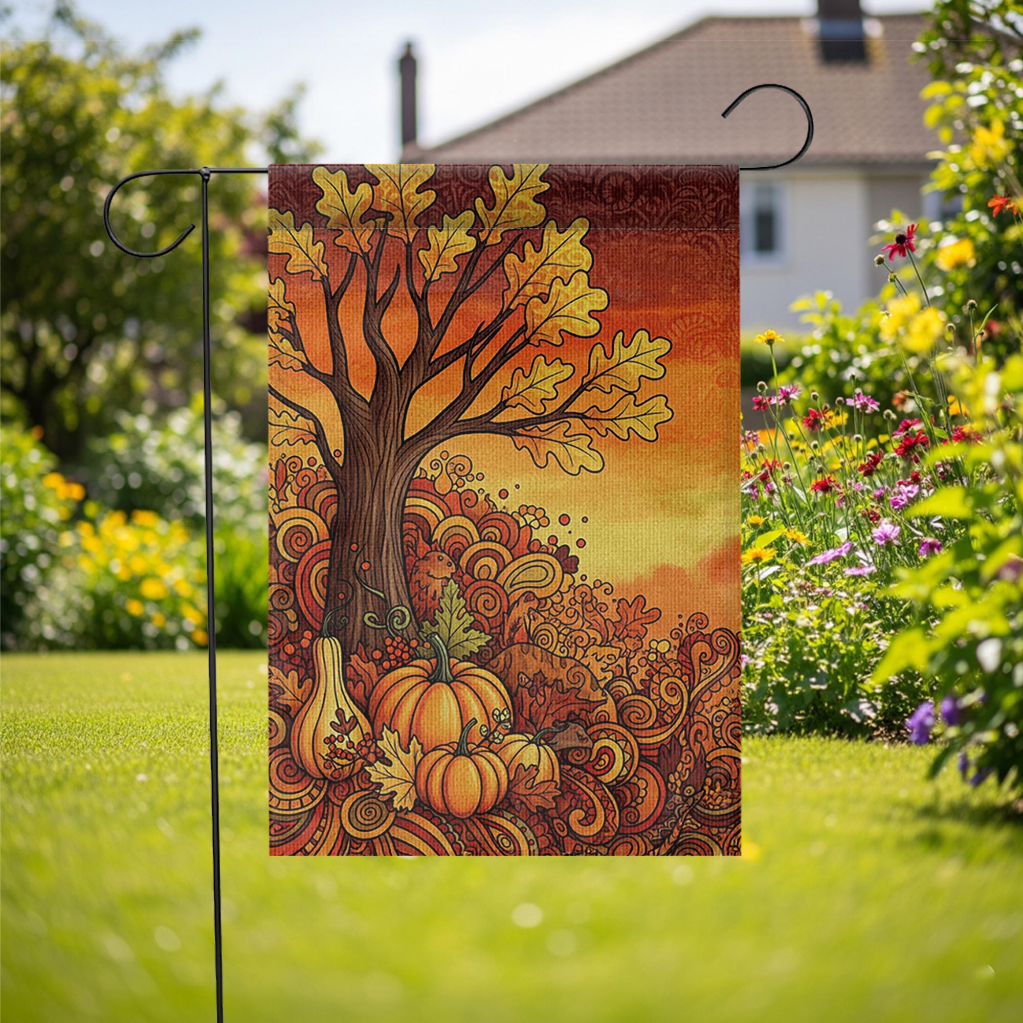 Fall Tree Garden Flag - Retro Autumn Pumpkins and Leaves Yard Decor, Thanksgiving Harvest Outdoor Flag for Seasonal Porch Display