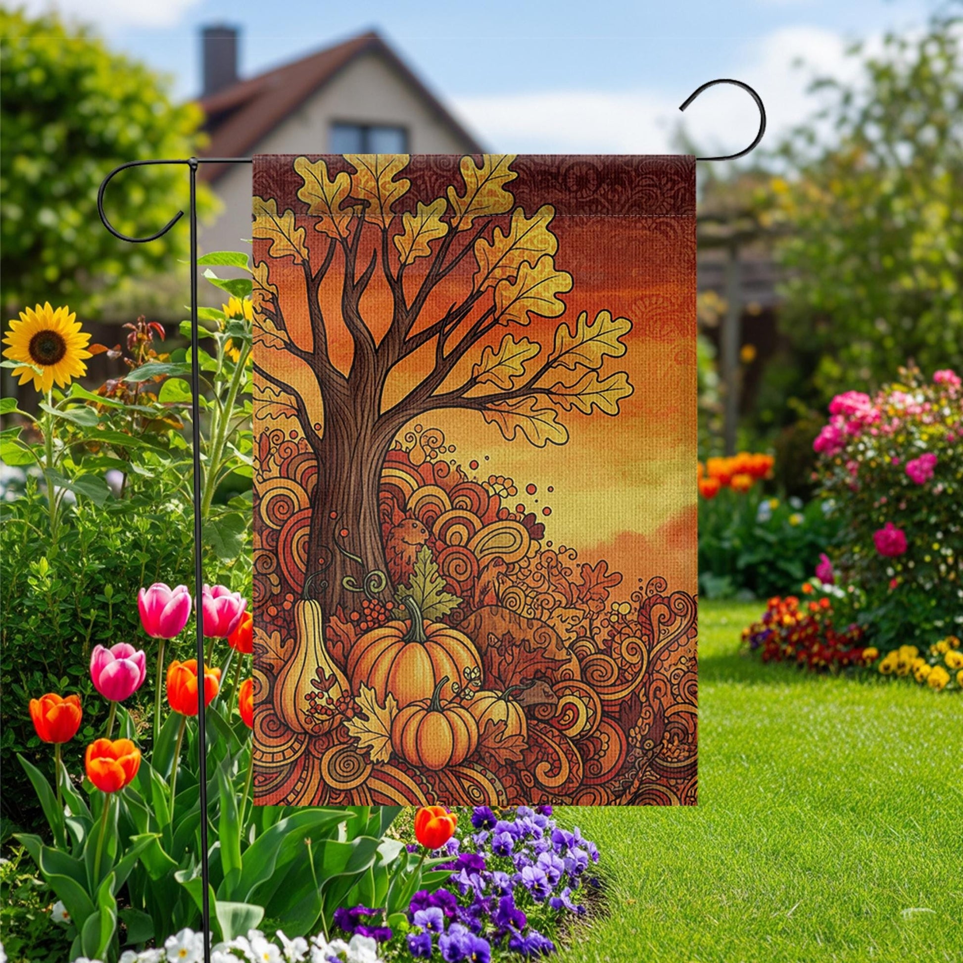 Fall Tree Garden Flag - Retro Autumn Pumpkins and Leaves Yard Decor, Thanksgiving Harvest Outdoor Flag for Seasonal Porch Display