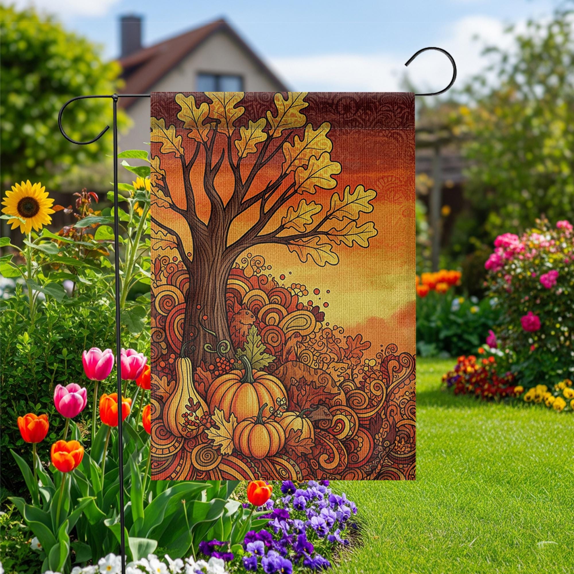 Fall Tree Garden Flag - Retro Autumn Pumpkins and Leaves Yard Decor, Thanksgiving Harvest Outdoor Flag for Seasonal Porch Display