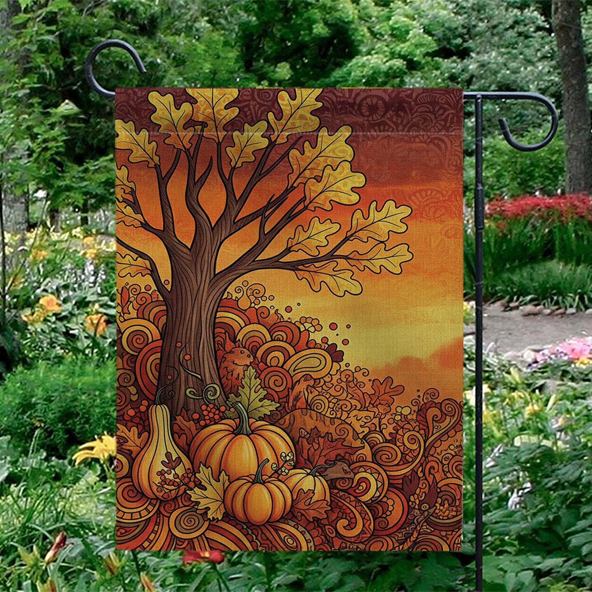 Fall Tree Garden Flag - Retro Autumn Pumpkins and Leaves Yard Decor, Thanksgiving Harvest Outdoor Flag for Seasonal Porch Display