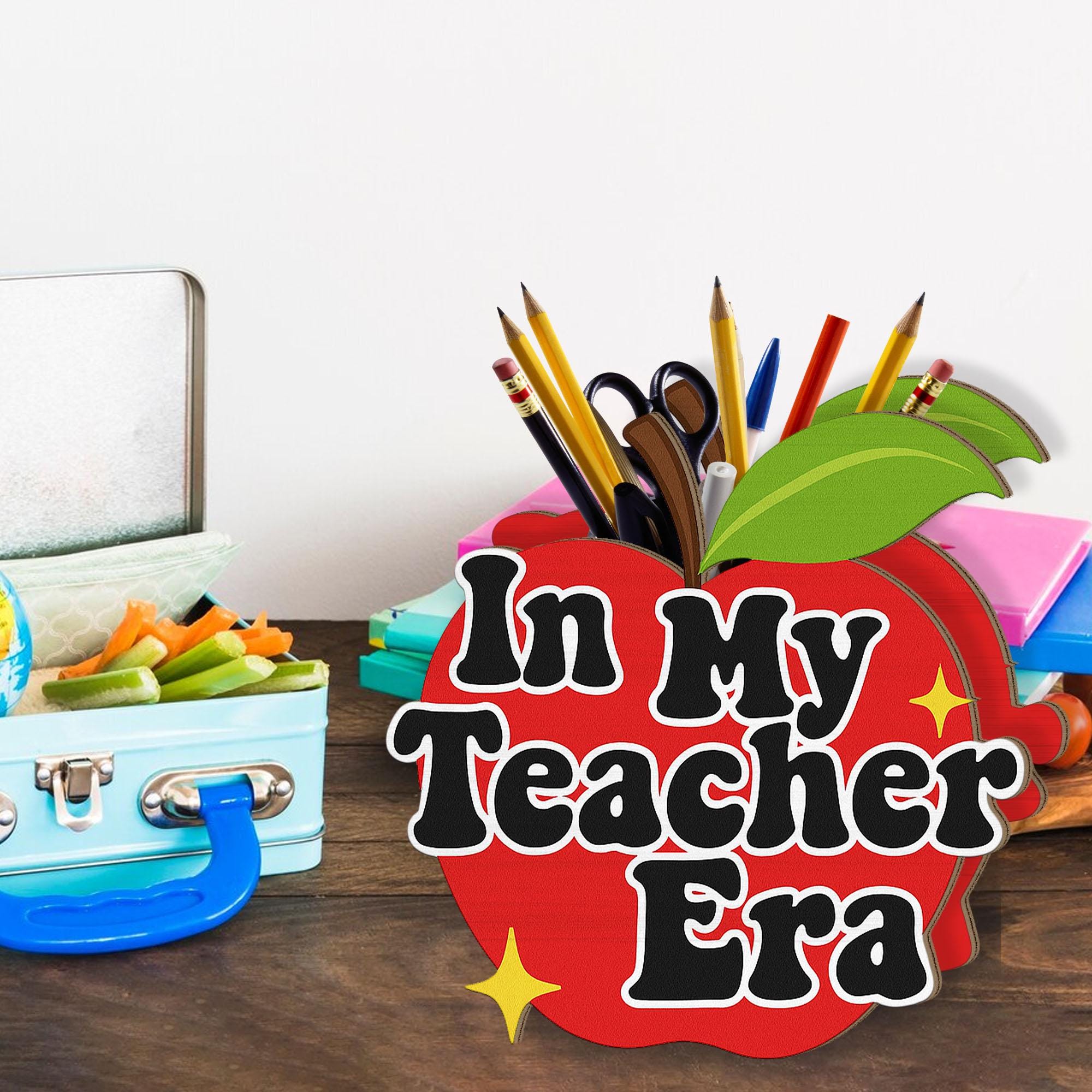 In My Teacher Era Pen Holder, Apple Shaped Desk Organizer, Back to School Teacher Gift, Cute Classroom Pencil Cup for Educators