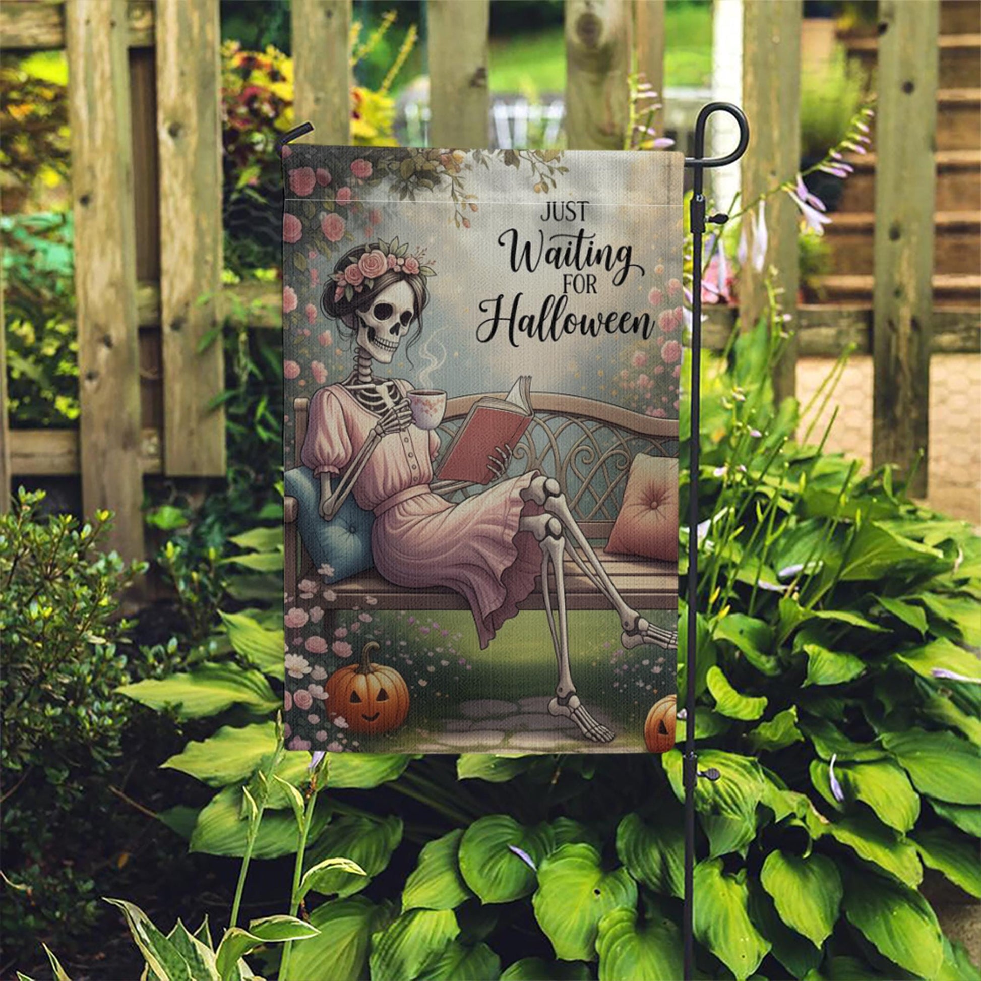 Just Waiting for Halloween Garden Flag - Funny Skeleton Reading Yard Decor, Cozy Gothic Fall Outdoor Sign for Spooky Season Lovers