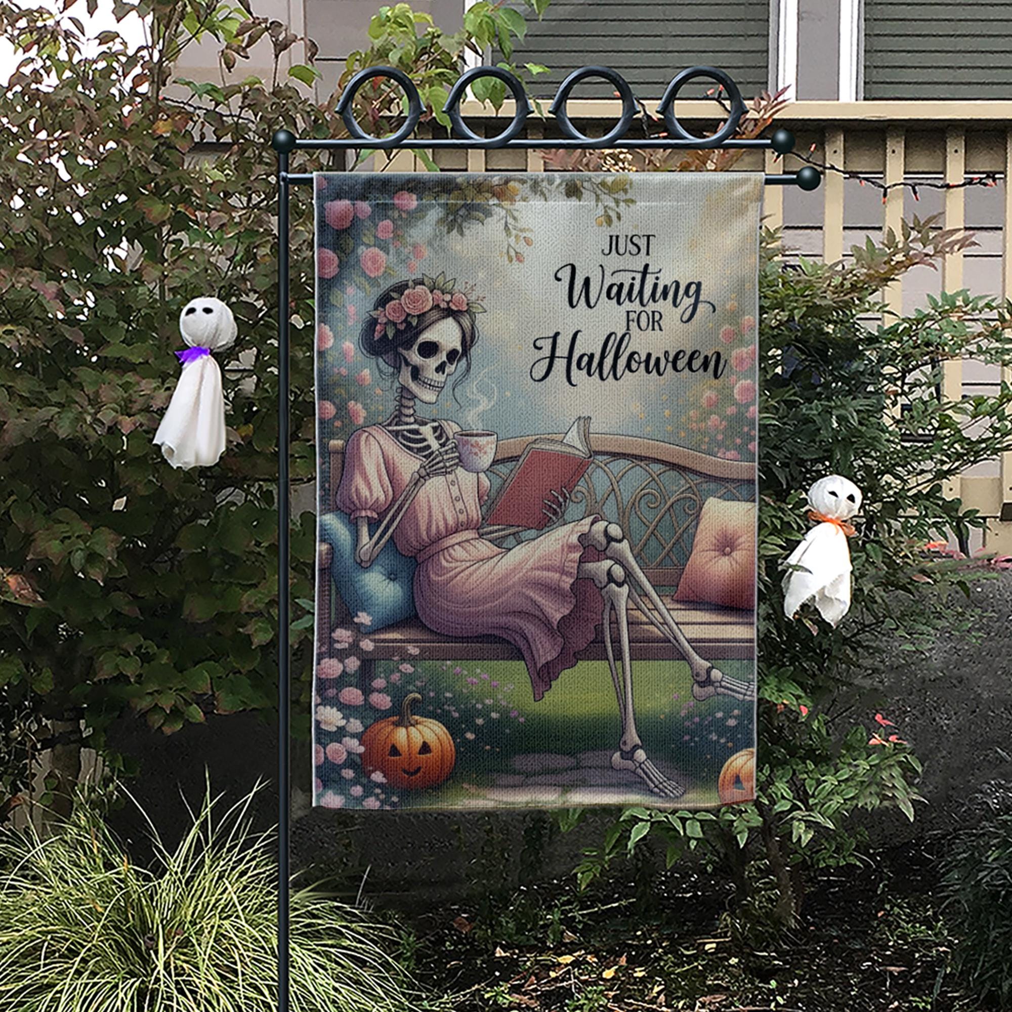 Just Waiting for Halloween Garden Flag - Funny Skeleton Reading Yard Decor, Cozy Gothic Fall Outdoor Sign for Spooky Season Lovers