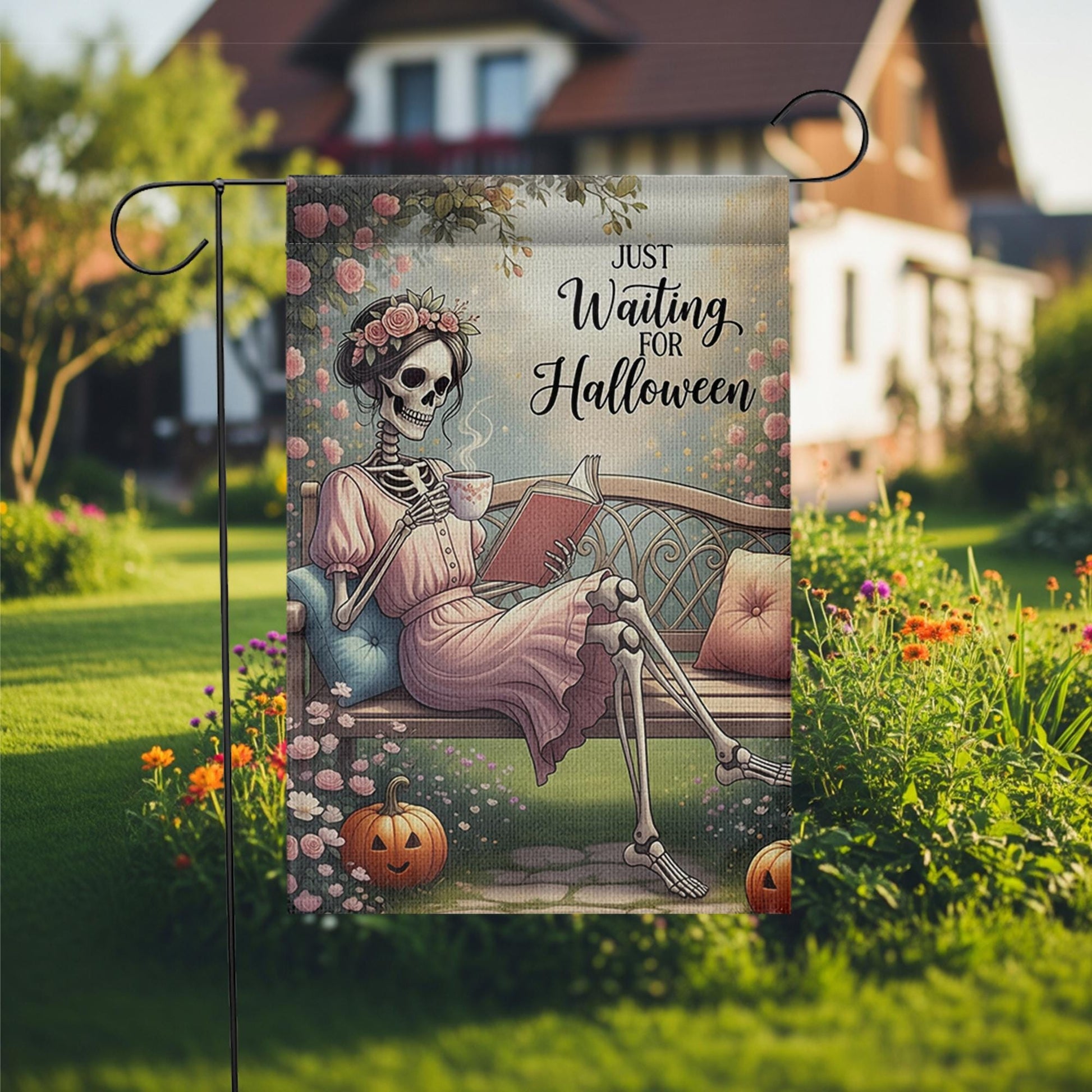 Just Waiting for Halloween Garden Flag - Funny Skeleton Reading Yard Decor, Cozy Gothic Fall Outdoor Sign for Spooky Season Lovers