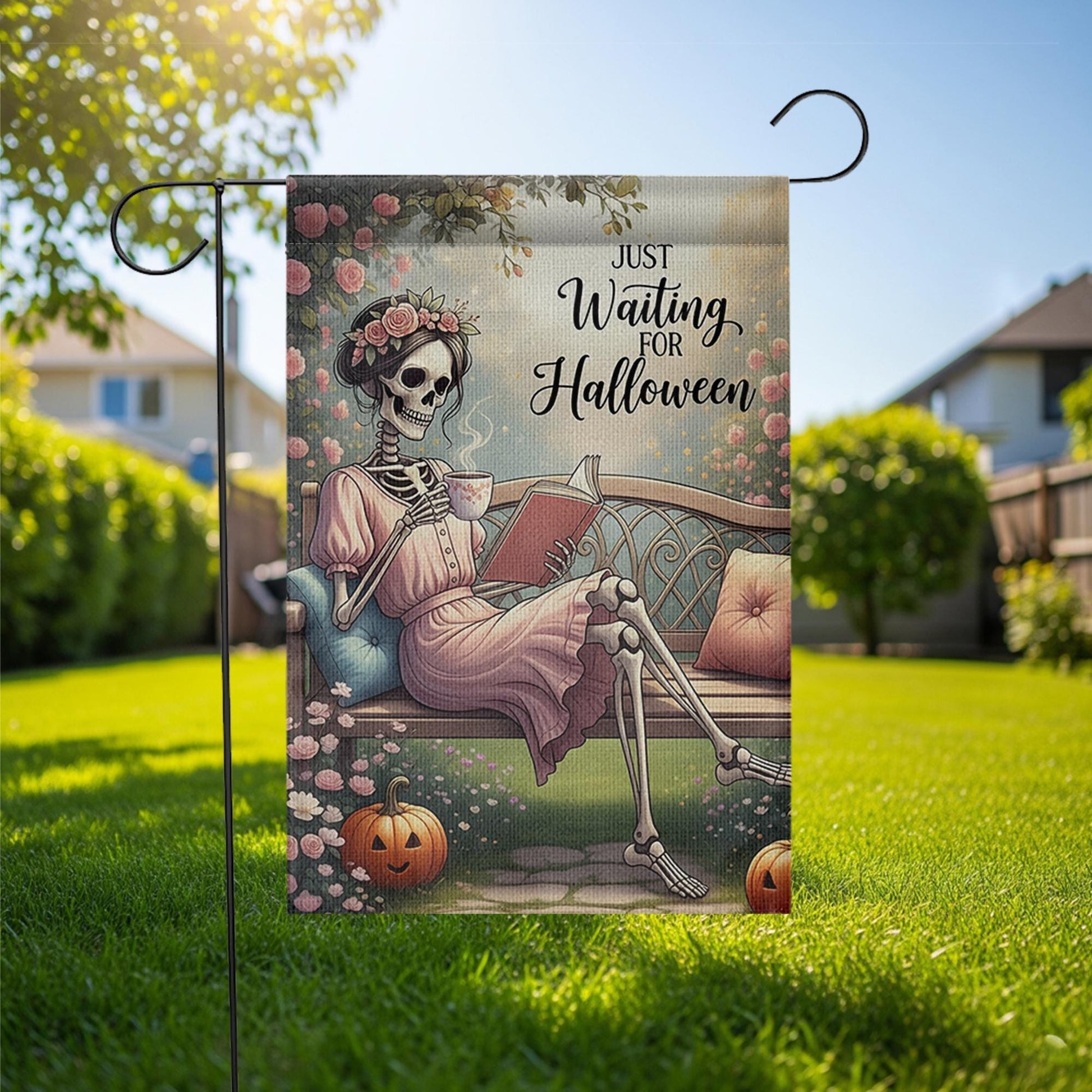 Just Waiting for Halloween Garden Flag - Funny Skeleton Reading Yard Decor, Cozy Gothic Fall Outdoor Sign for Spooky Season Lovers