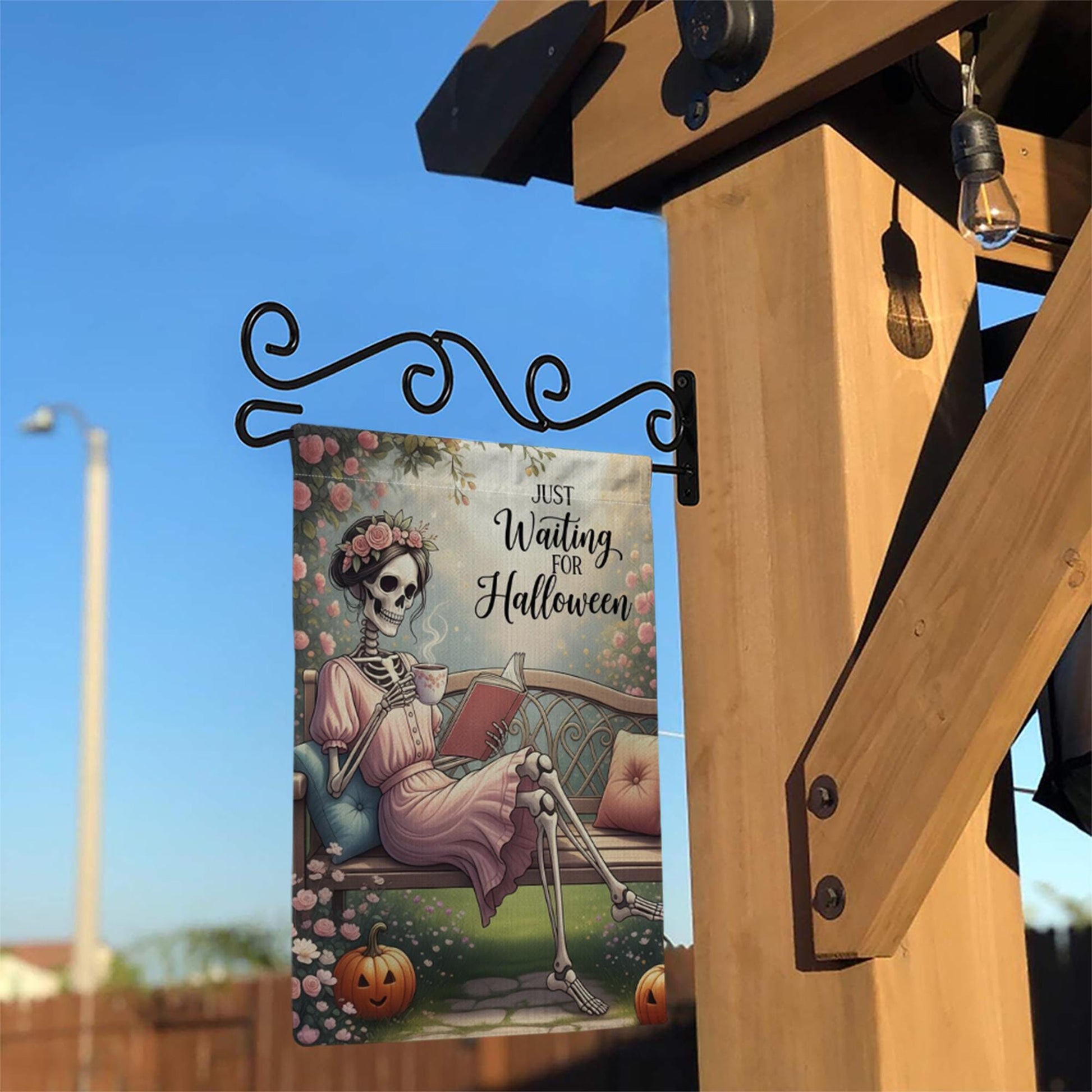 Just Waiting for Halloween Garden Flag - Funny Skeleton Reading Yard Decor, Cozy Gothic Fall Outdoor Sign for Spooky Season Lovers