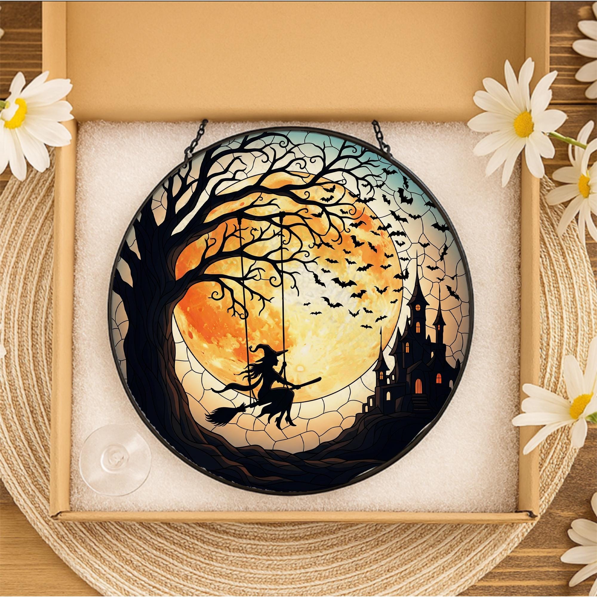 Halloween Witch Suncatcher, Stained Glass Witch on Broom, Spooky Moon Decor, Gothic Window Hanging, Haunted Castle Art