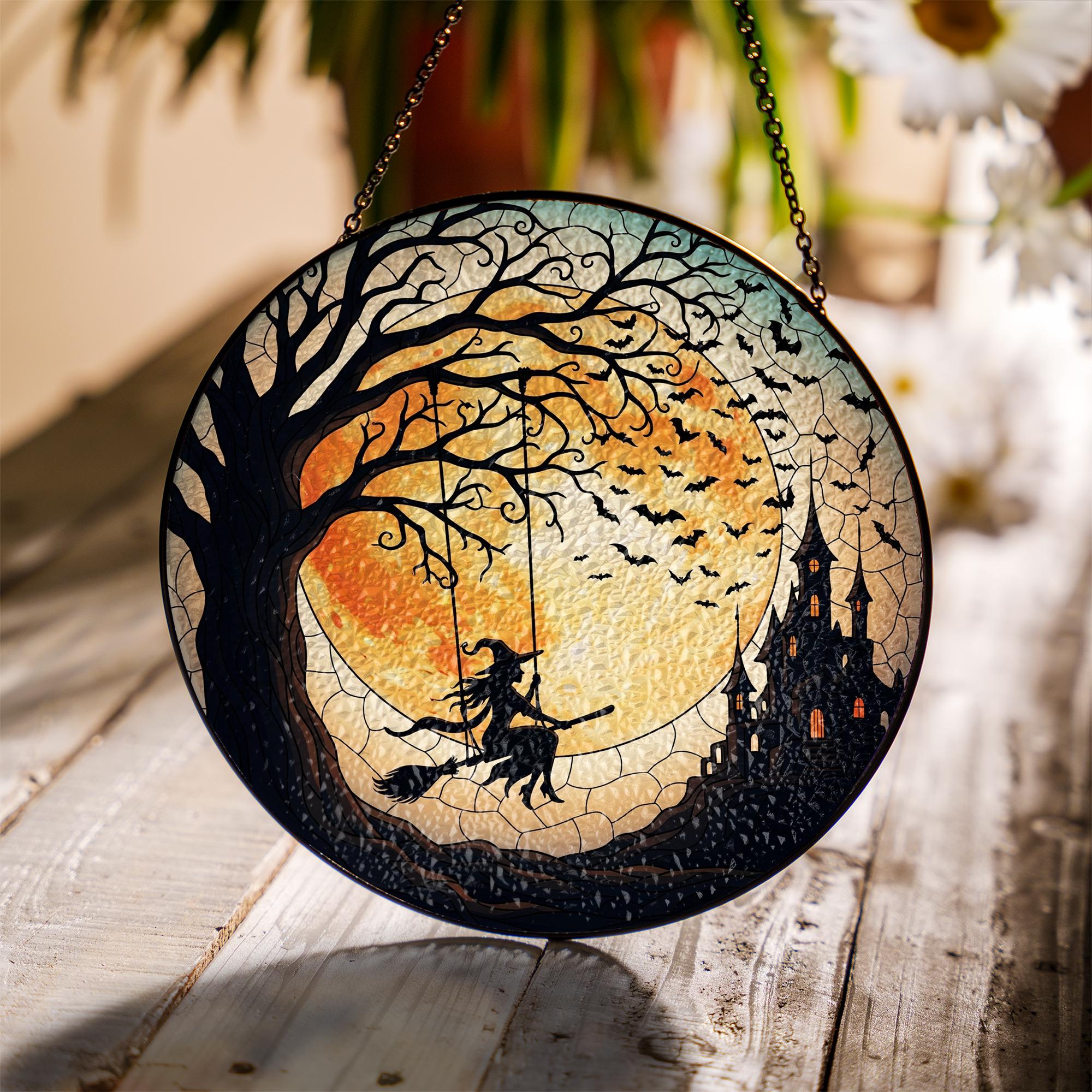 Halloween Witch Suncatcher, Stained Glass Witch on Broom, Spooky Moon Decor, Gothic Window Hanging, Haunted Castle Art