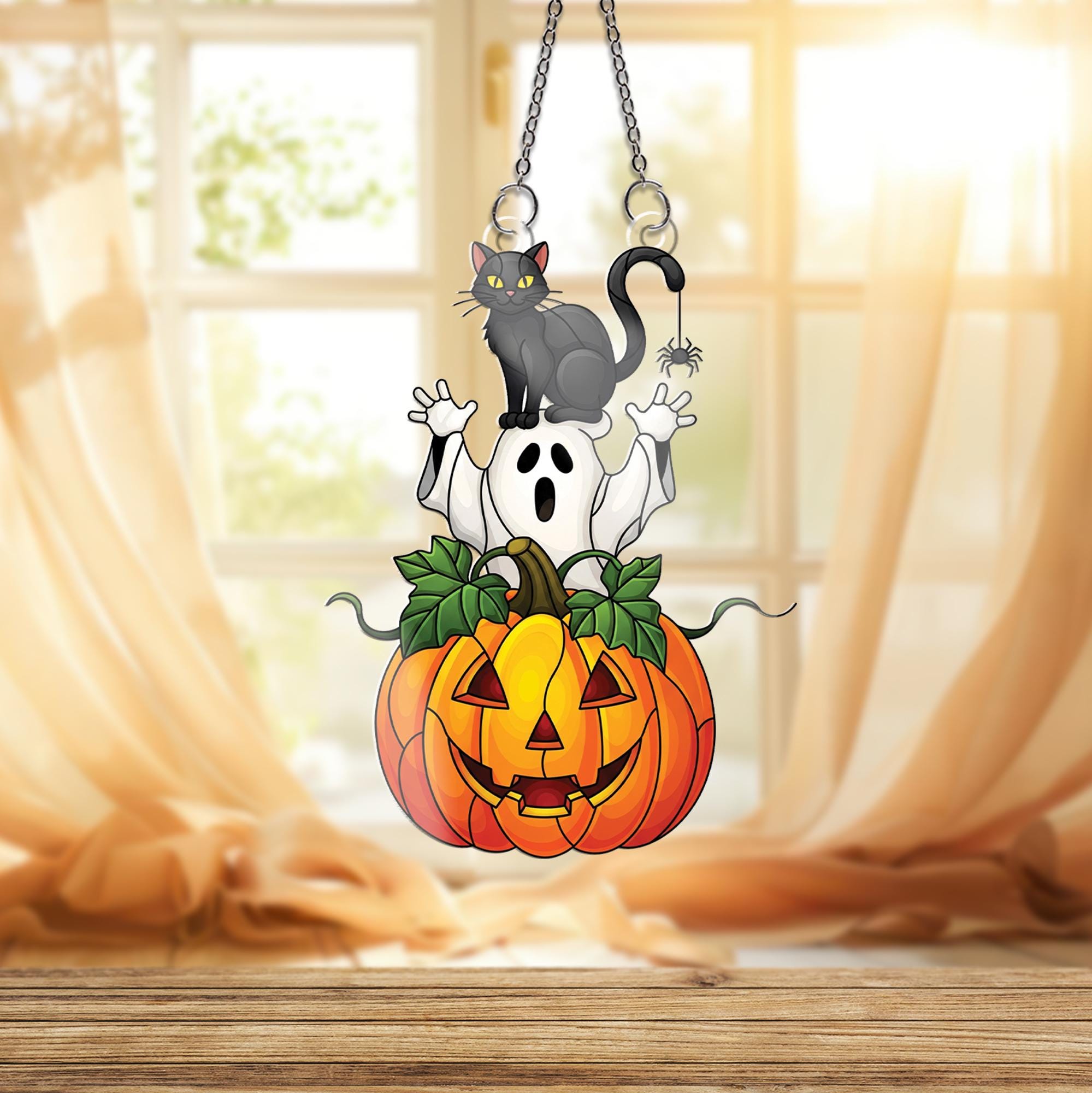 Halloween Ornament , Black Cat Ghost Pumpkin Window Hanging, Spooky Cute Fall Decor, Acrylic Halloween Ornament