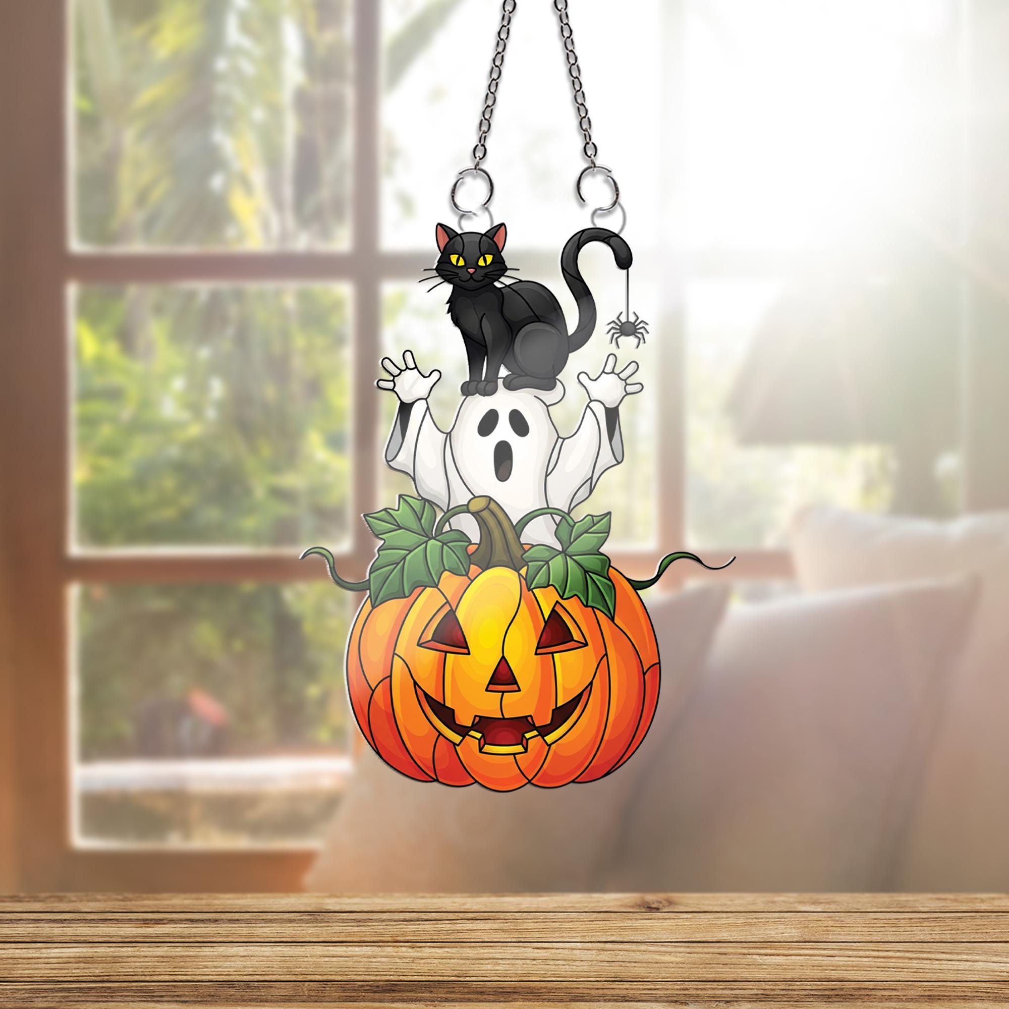 Halloween Ornament , Black Cat Ghost Pumpkin Window Hanging, Spooky Cute Fall Decor, Acrylic Halloween Ornament