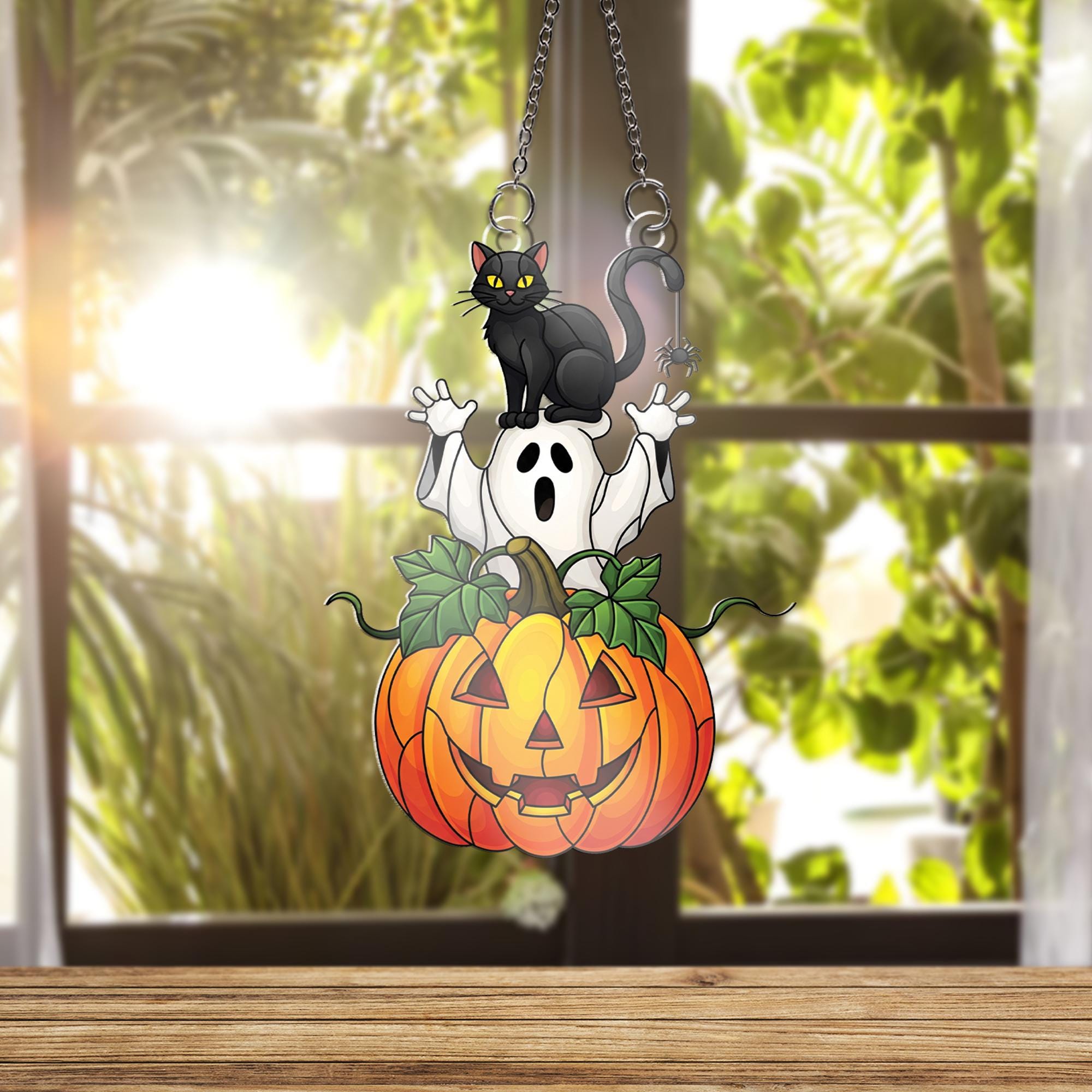 Halloween Ornament , Black Cat Ghost Pumpkin Window Hanging, Spooky Cute Fall Decor, Acrylic Halloween Ornament