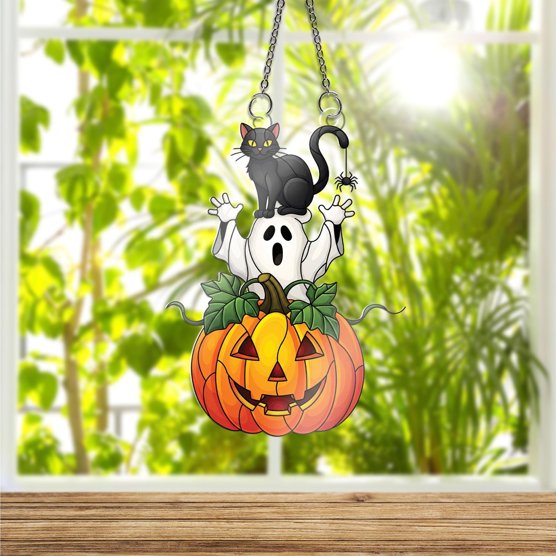 Halloween Ornament , Black Cat Ghost Pumpkin Window Hanging, Spooky Cute Fall Decor, Acrylic Halloween Ornament