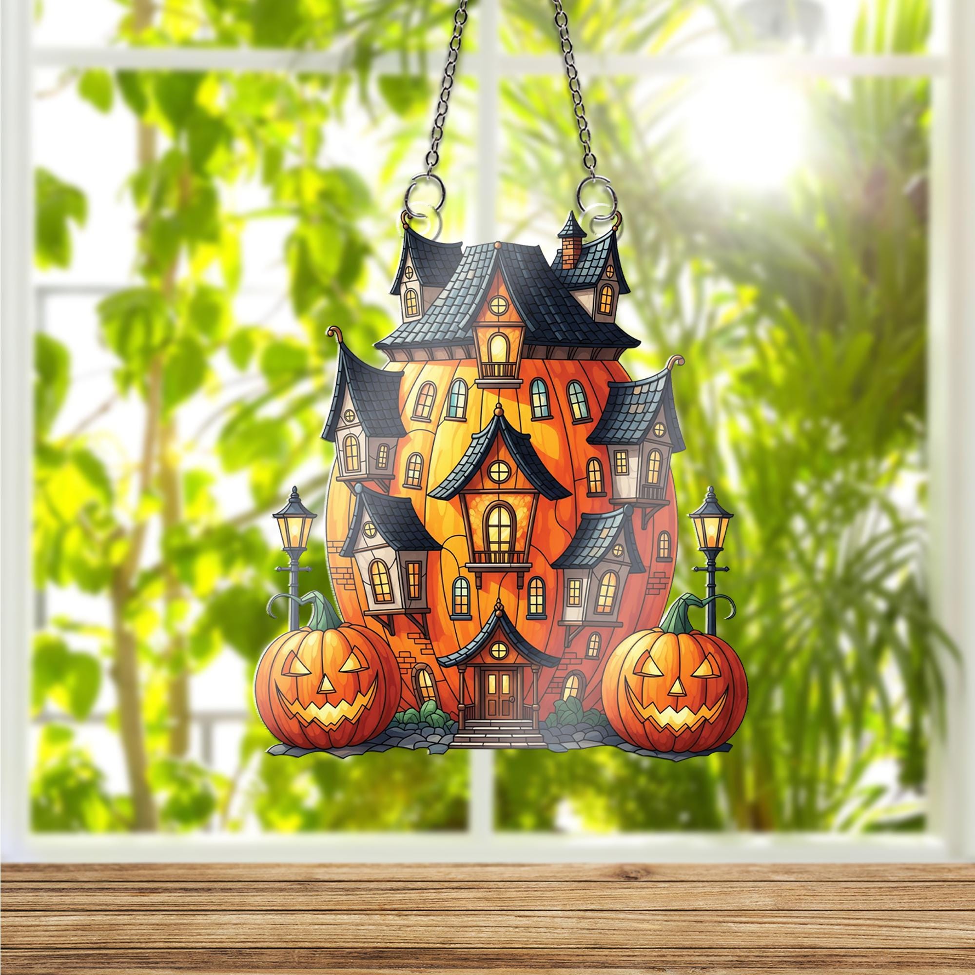 Pumpkin Haunted House Ornament , Halloween Window Hanging Decor, Spooky Fall Ornament, Jack-o’-Lantern Home Decoration